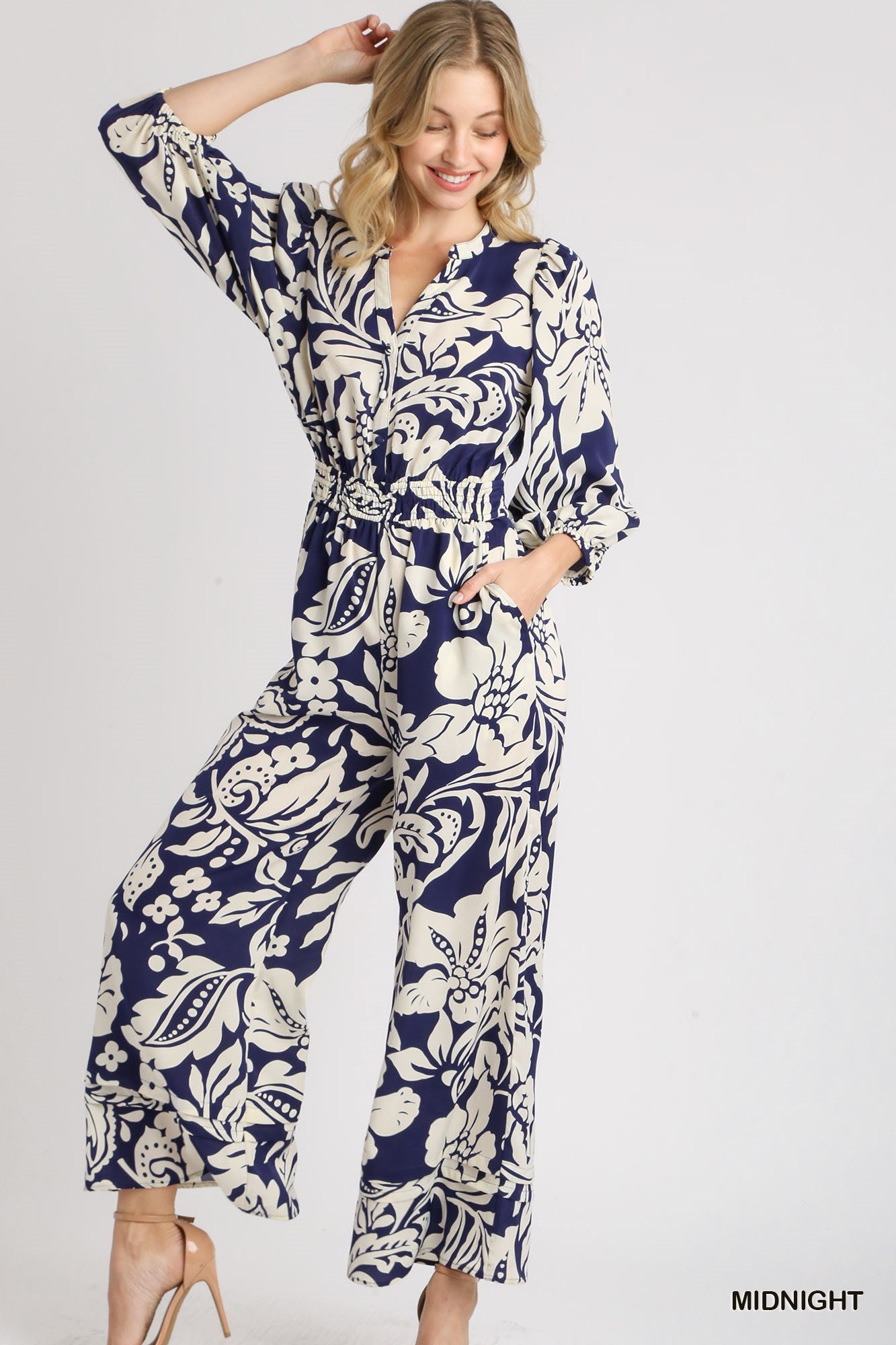 Umgee Two Tone Smocked Waist Balloon Sleeve Button Print Jumpsuit