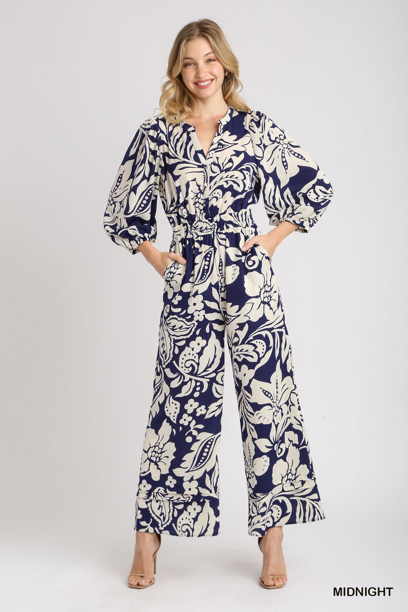 Umgee Two Tone Smocked Waist Balloon Sleeve Button Print Jumpsuit