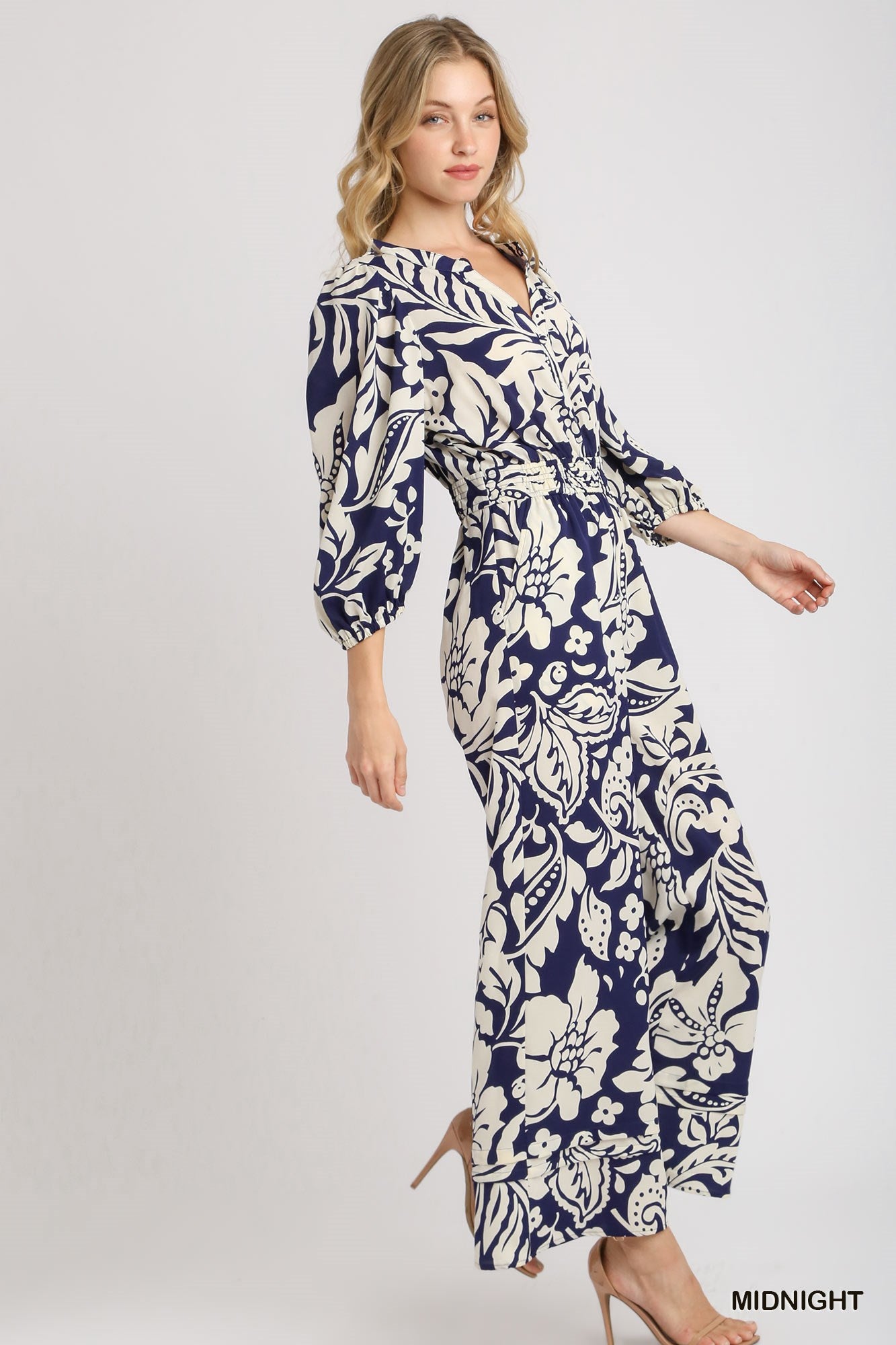 Umgee Two Tone Smocked Waist Balloon Sleeve Button Print Jumpsuit