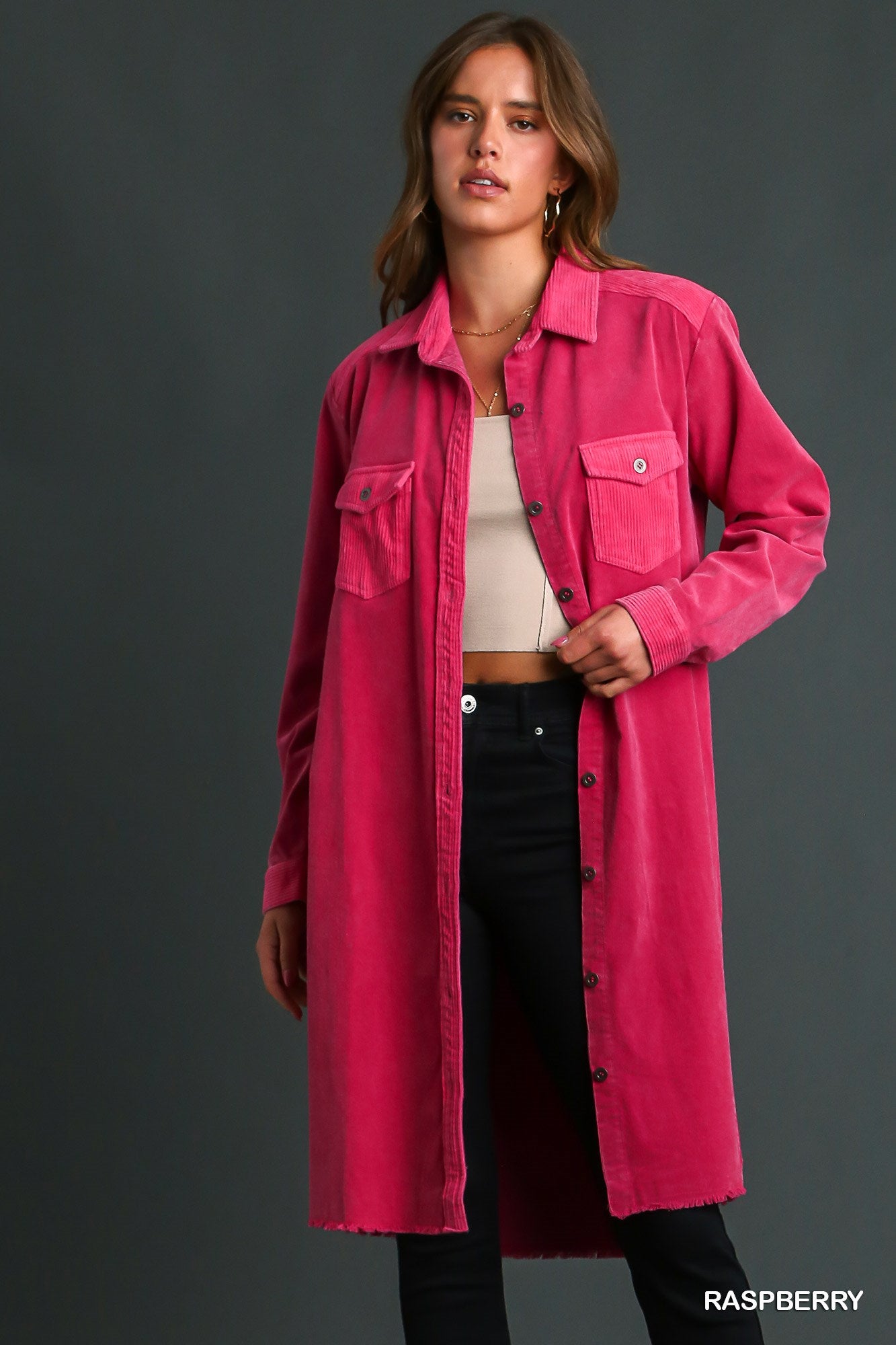 Umgee Mineral Wash Corduroy Button Down Shirt Jacket Dress - Roulhac Fashion Boutique