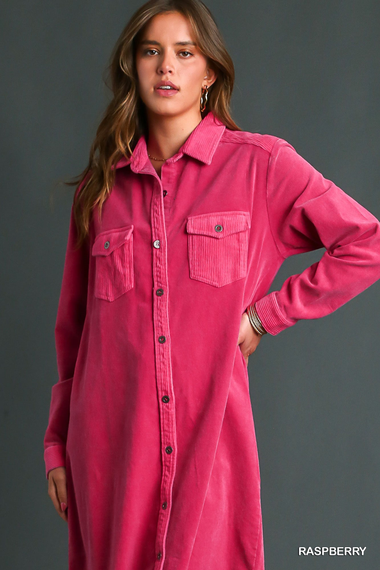 Umgee Mineral Wash Corduroy Button Down Shirt Jacket Dress - Roulhac Fashion Boutique