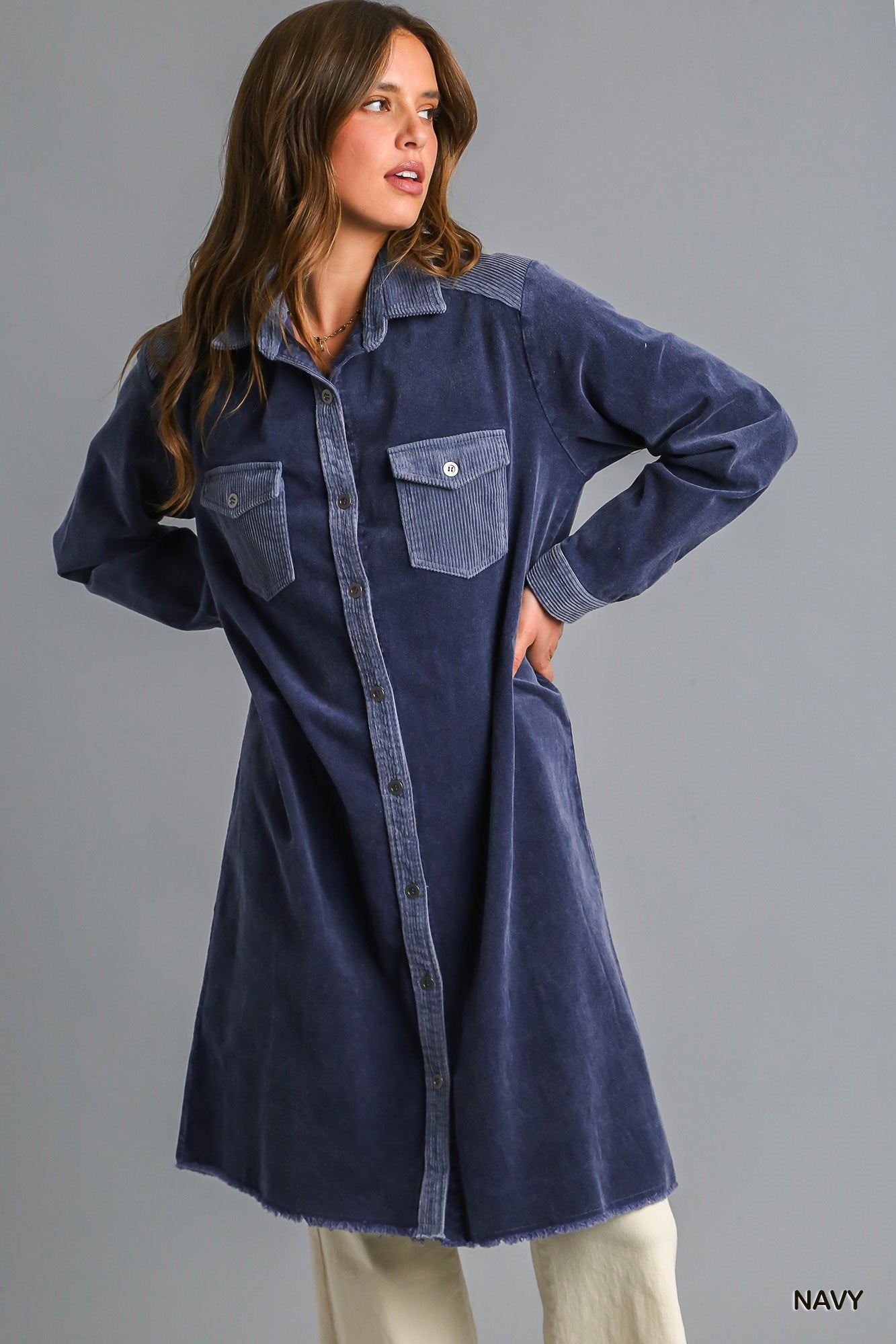 Umgee Mineral Wash Corduroy Button Down Shirt Jacket Dress - Roulhac Fashion Boutique