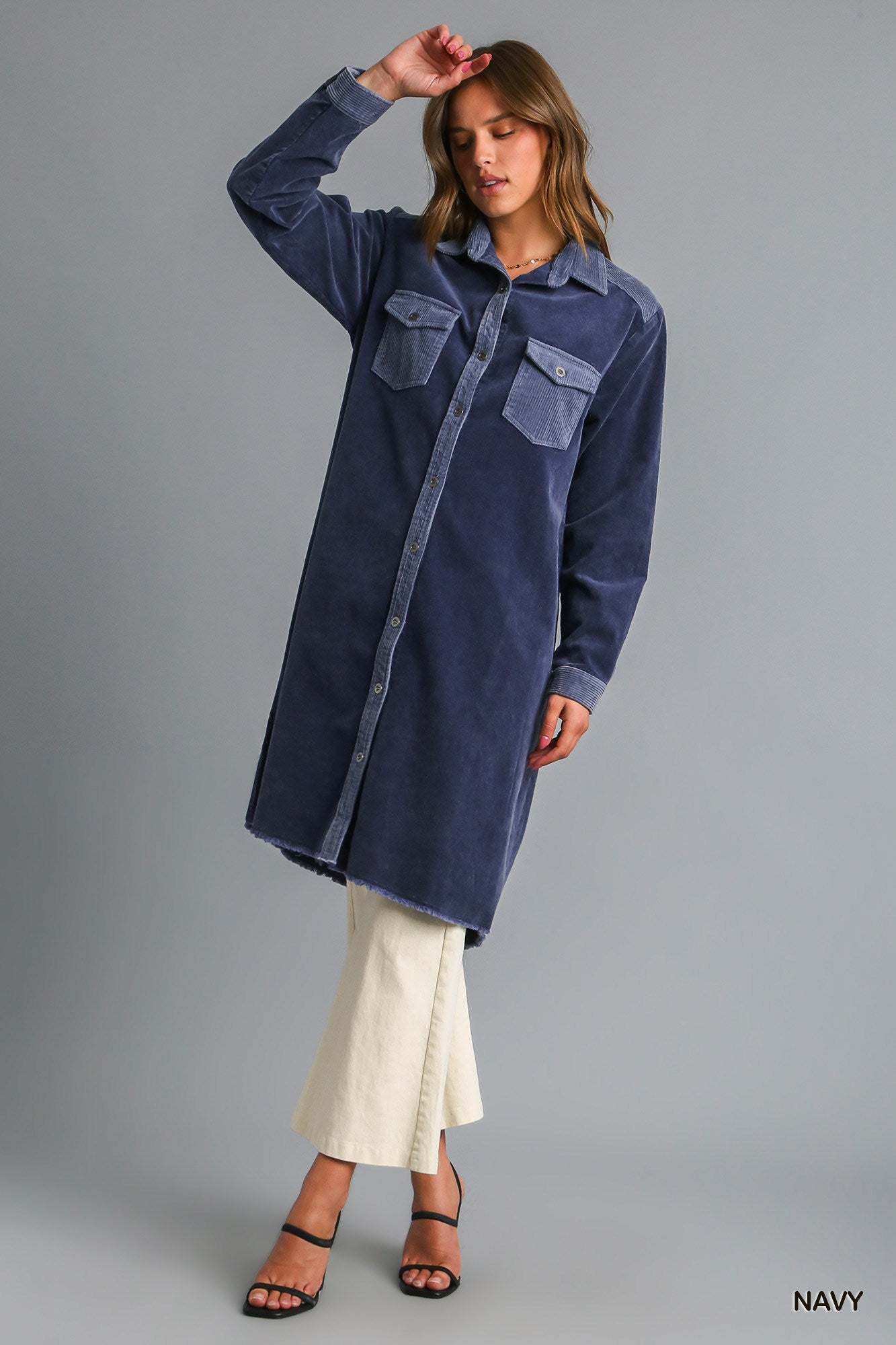 Umgee Mineral Wash Corduroy Button Down Shirt Jacket Dress - Roulhac Fashion Boutique