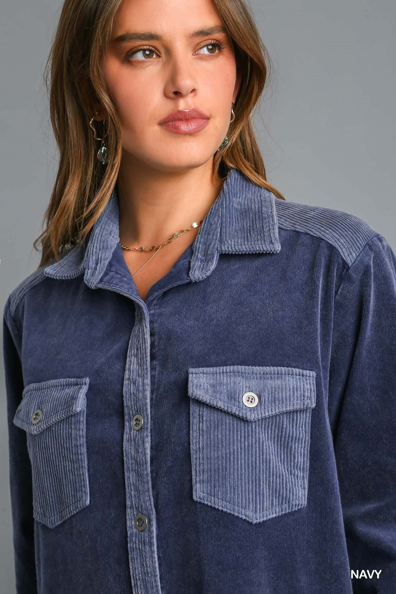 Umgee Mineral Wash Corduroy Button Down Shirt Jacket Dress - Roulhac Fashion Boutique