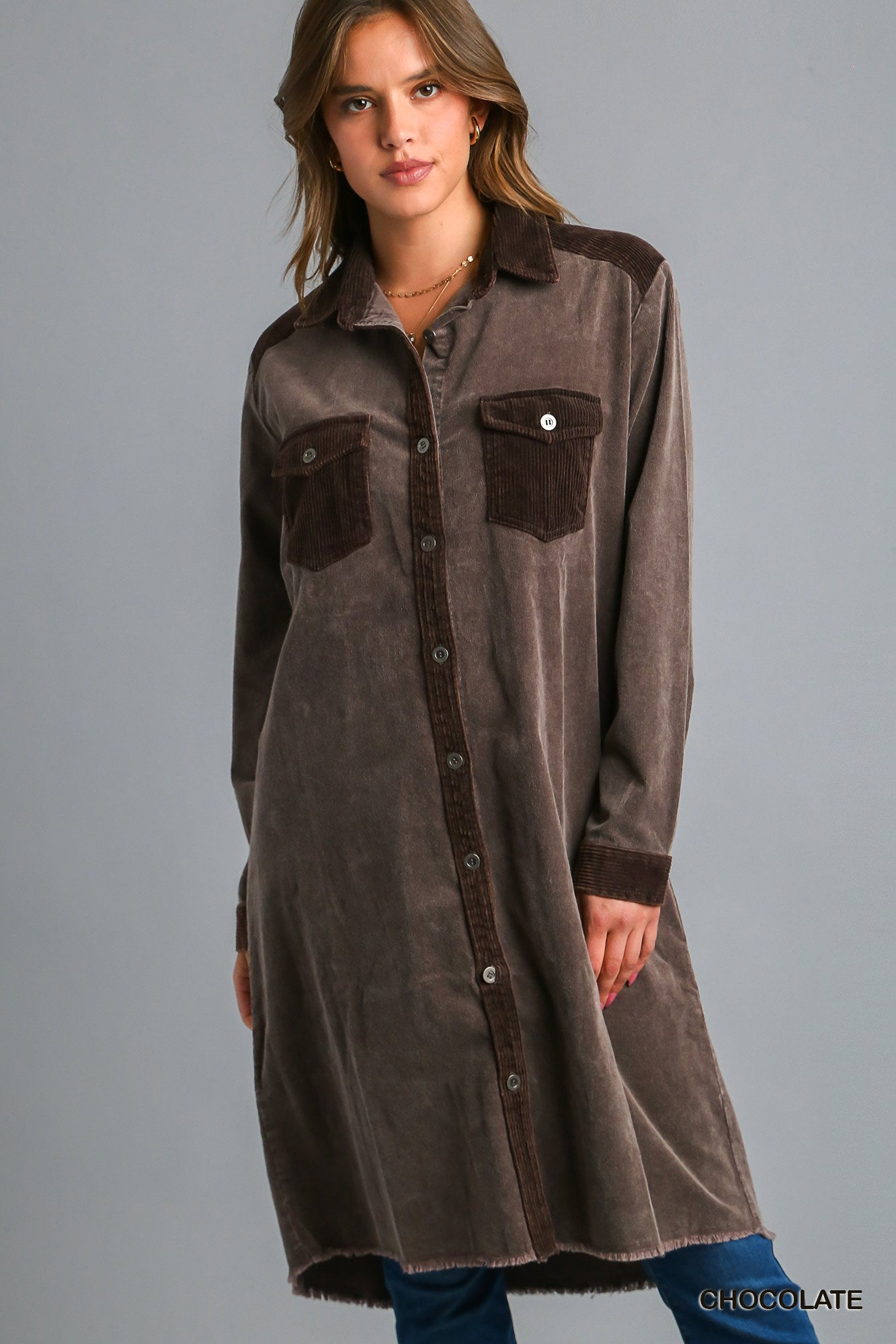 Umgee Mineral Wash Corduroy Button Down Shirt Jacket Dress