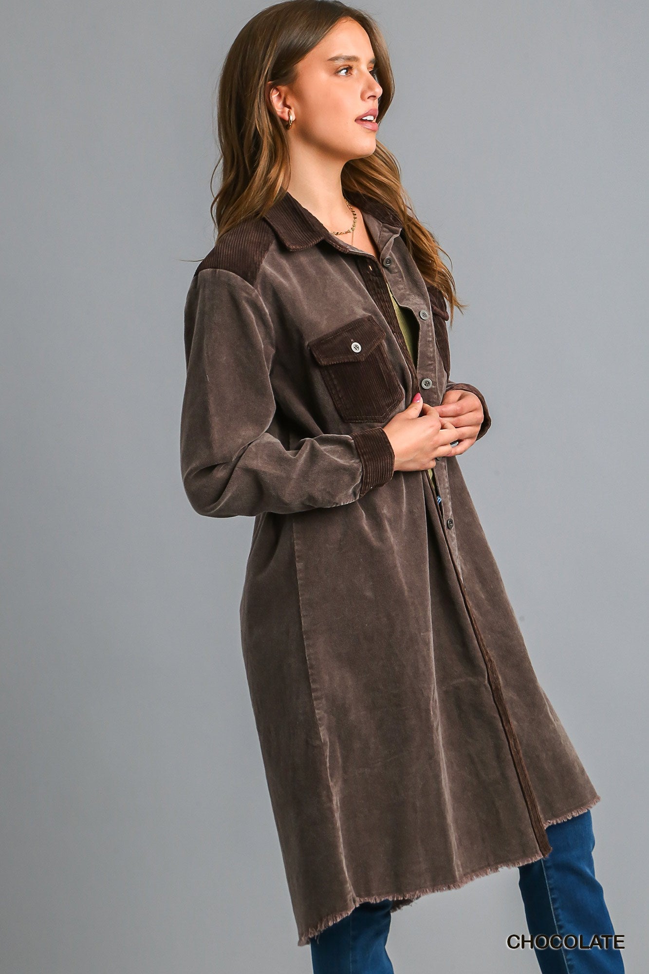 Umgee Mineral Wash Corduroy Button Down Shirt Jacket Dress