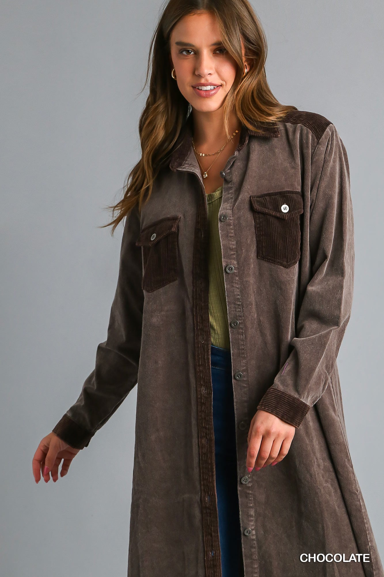 Umgee Mineral Wash Corduroy Button Down Shirt Jacket Dress