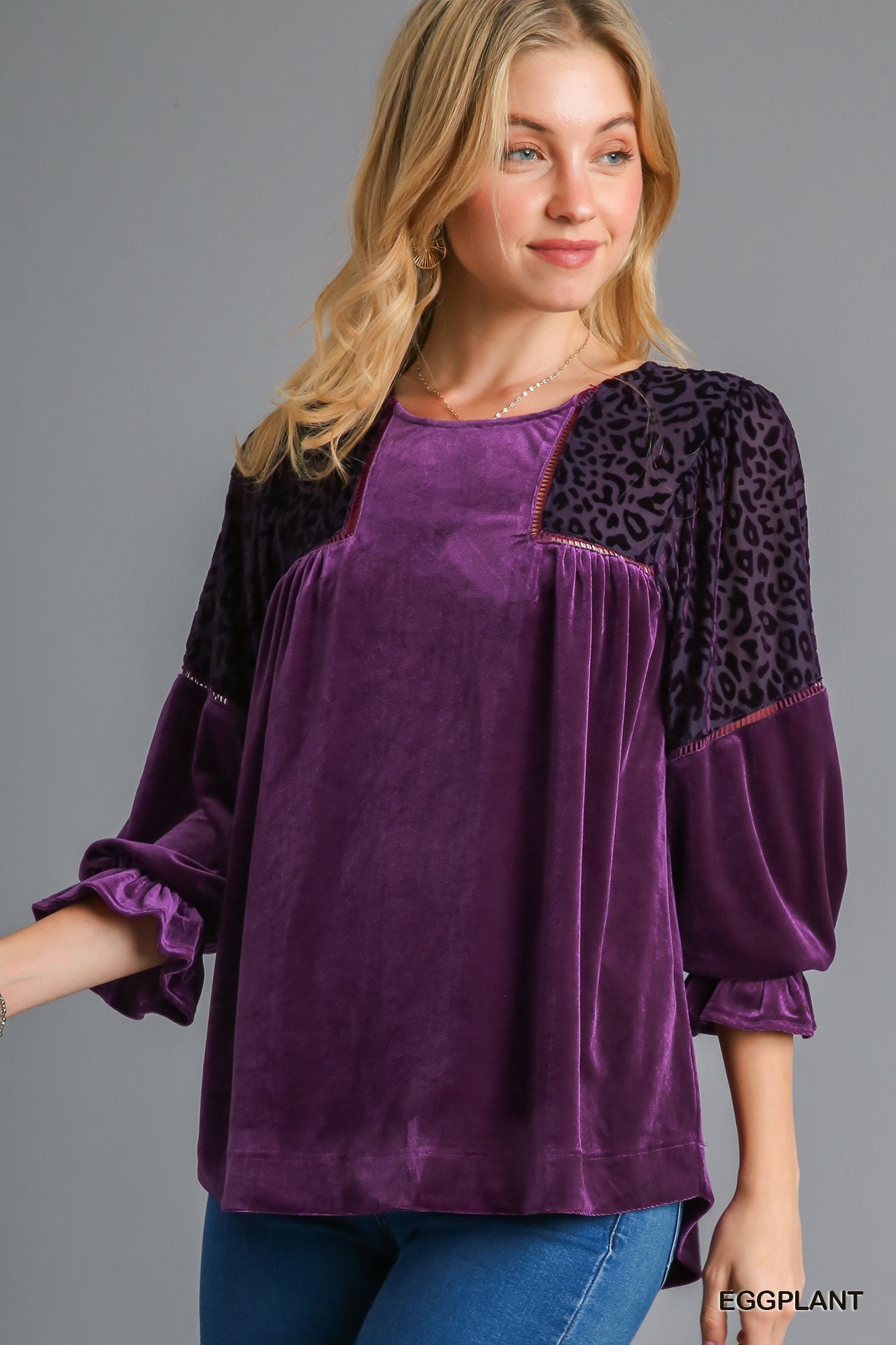 Umgee Three Quarter Sleeve Round Neck Animal Velvet Burnout Top - Roulhac Fashion Boutique