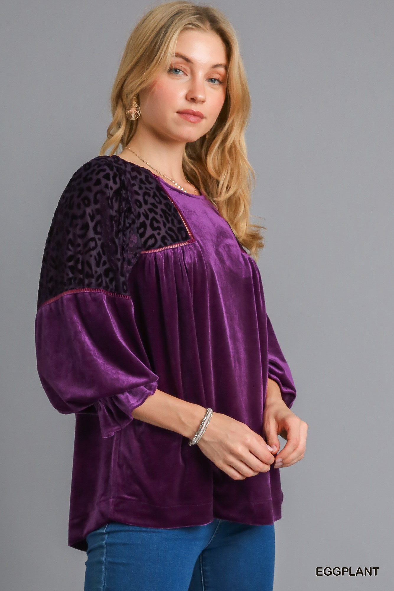 Umgee Three Quarter Sleeve Round Neck Animal Velvet Burnout Top - Roulhac Fashion Boutique