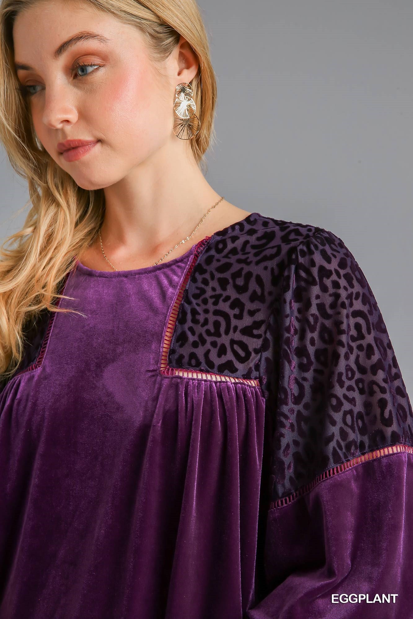Umgee Three Quarter Sleeve Round Neck Animal Velvet Burnout Top - Roulhac Fashion Boutique