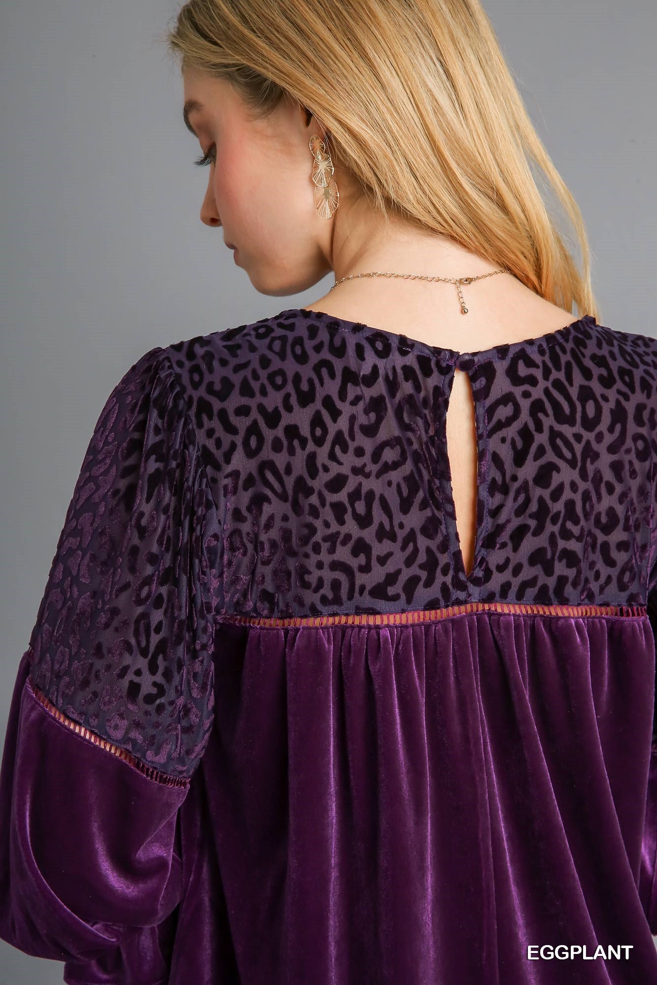 Umgee Three Quarter Sleeve Round Neck Animal Velvet Burnout Top - Roulhac Fashion Boutique