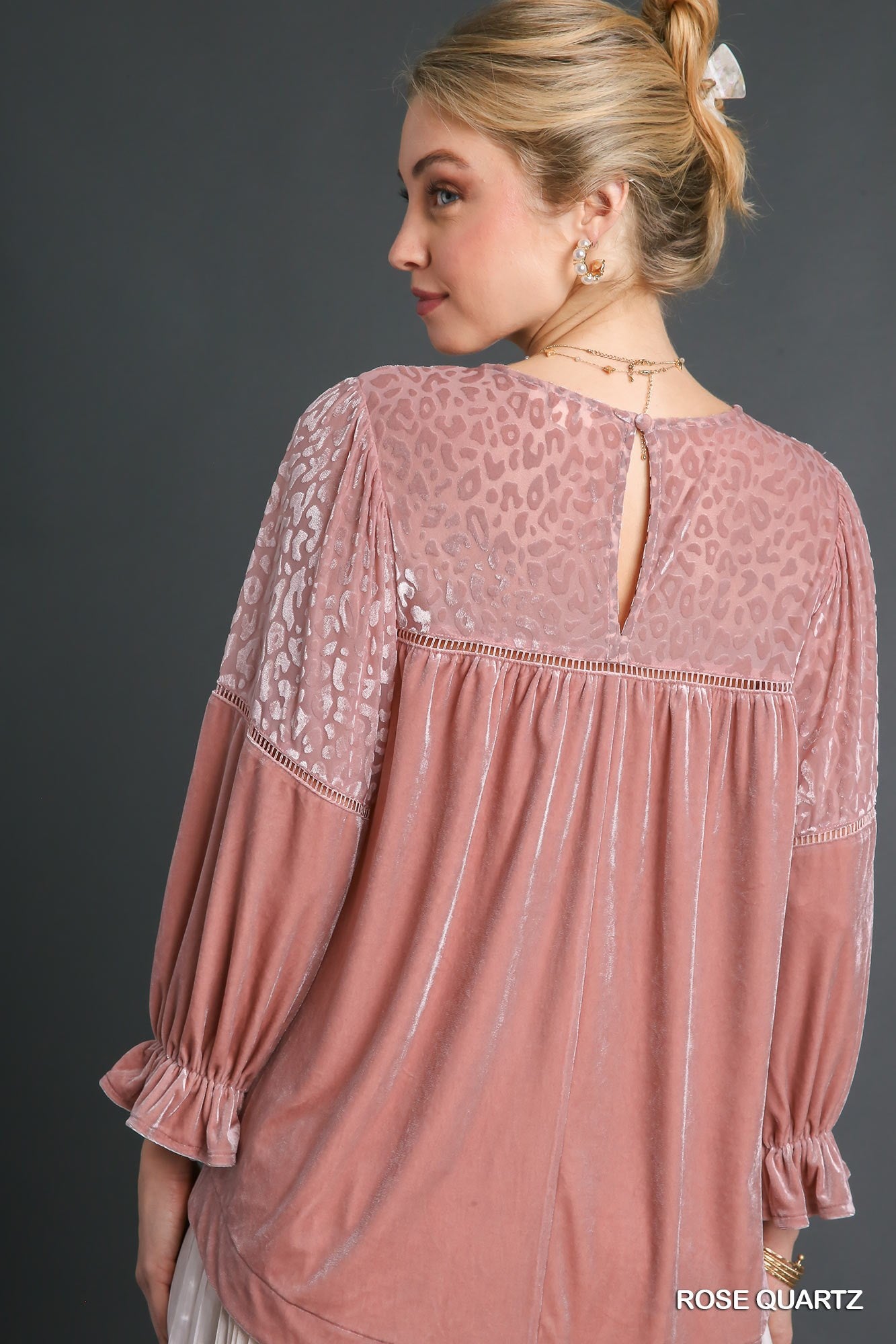 Umgee Three Quarter Sleeve Round Neck Animal Velvet Burnout Top - Roulhac Fashion Boutique