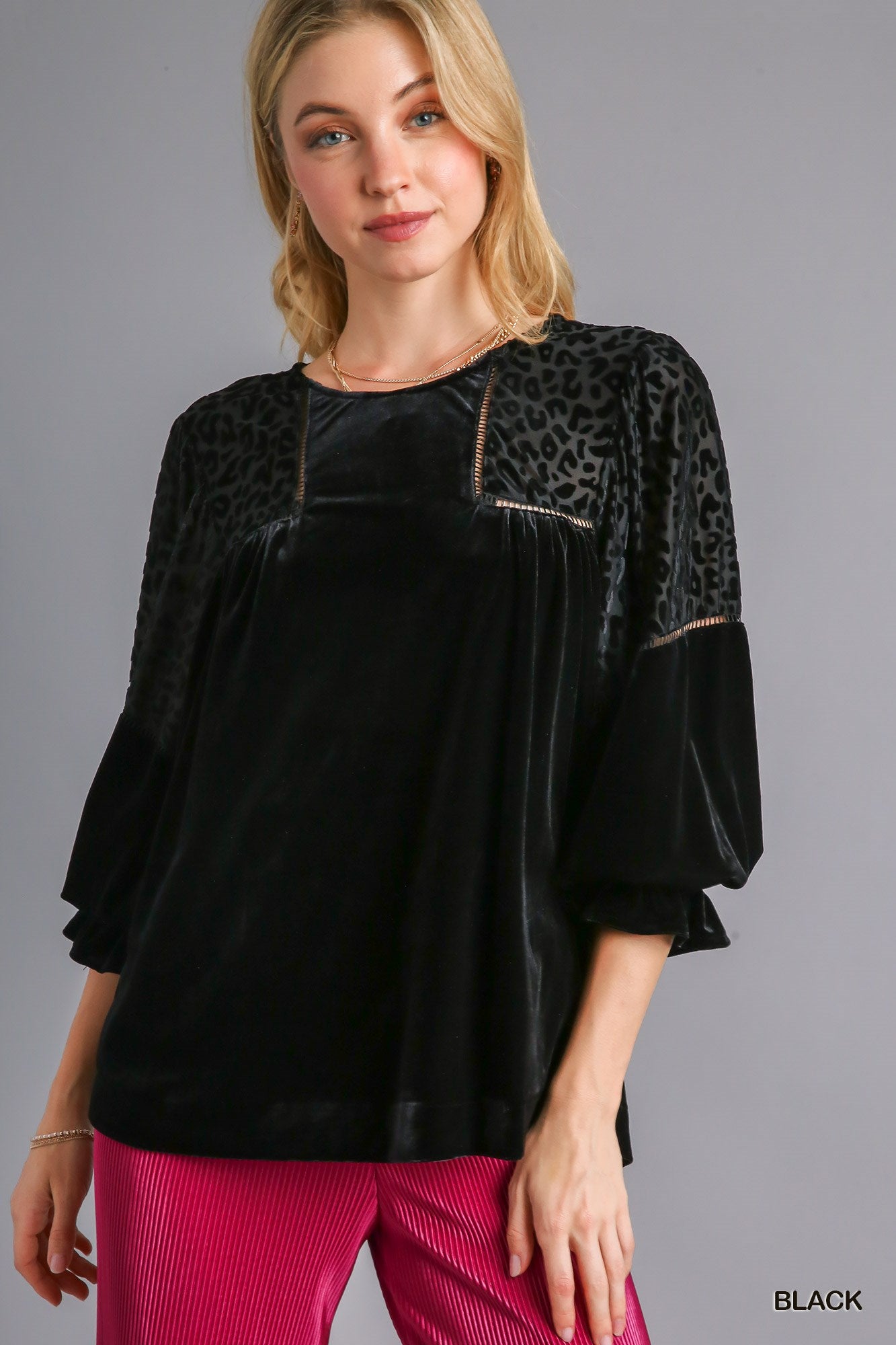 Umgee Three Quarter Sleeve Round Neck Animal Velvet Burnout Top