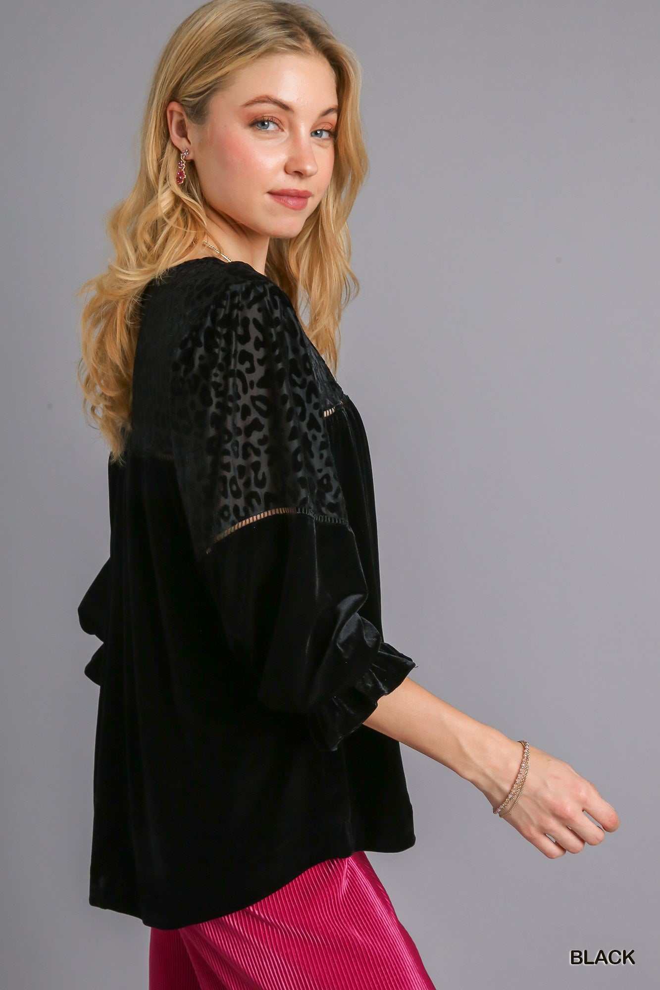 Umgee Three Quarter Sleeve Round Neck Animal Velvet Burnout Top