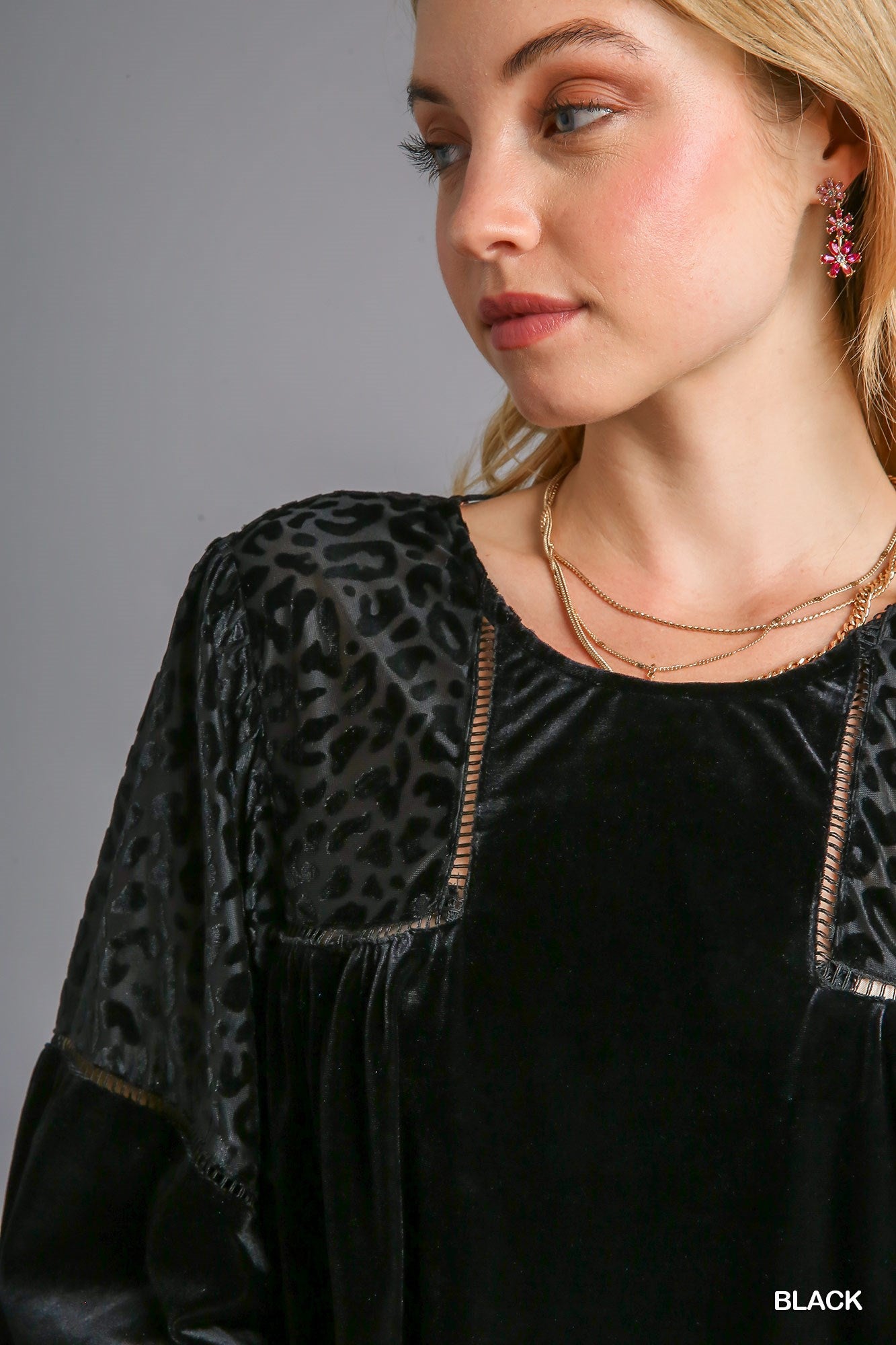 Umgee Three Quarter Sleeve Round Neck Animal Velvet Burnout Top