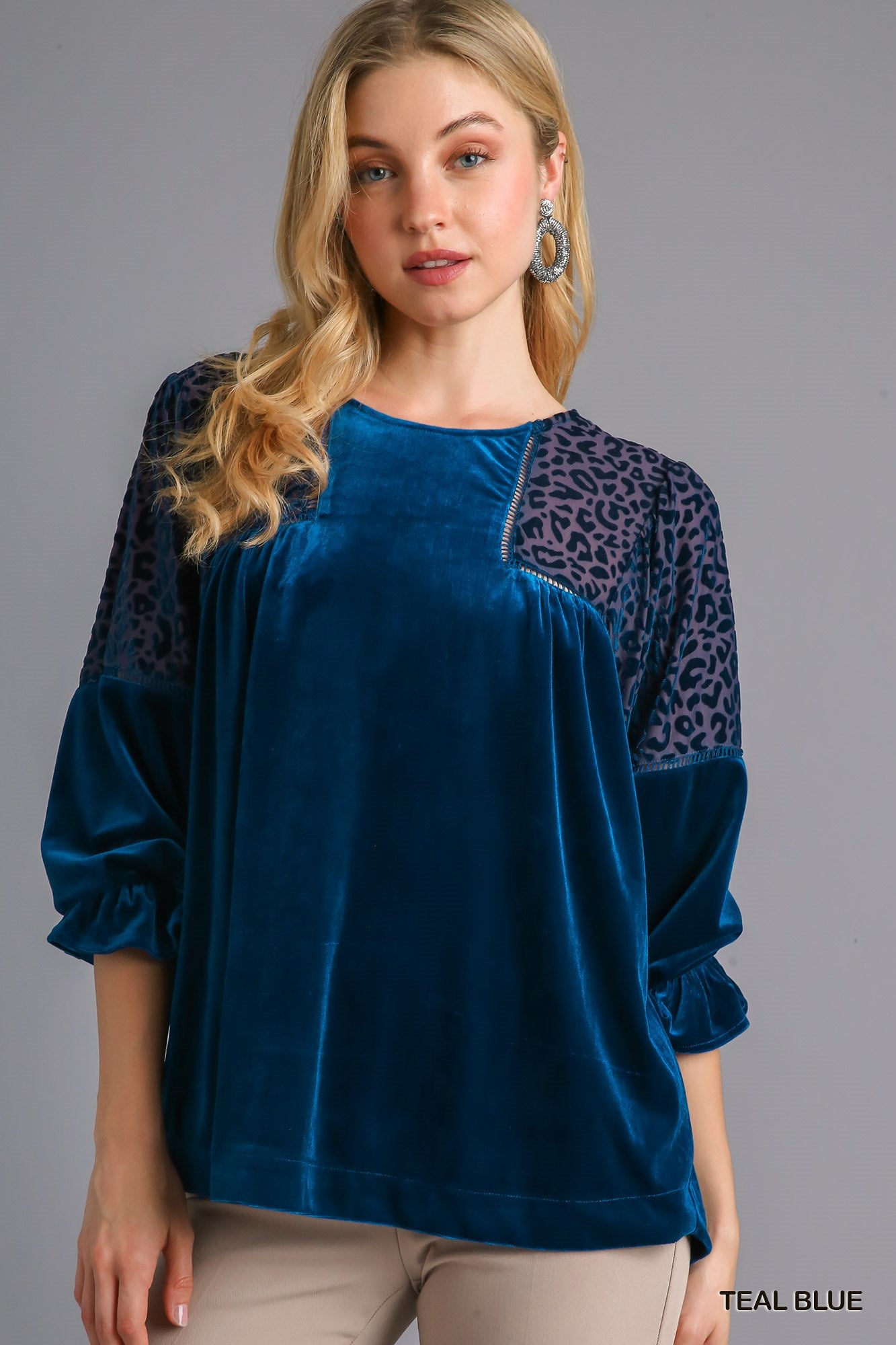 Umgee Three Quarter Sleeve Round Neck Animal Velvet Burnout Top