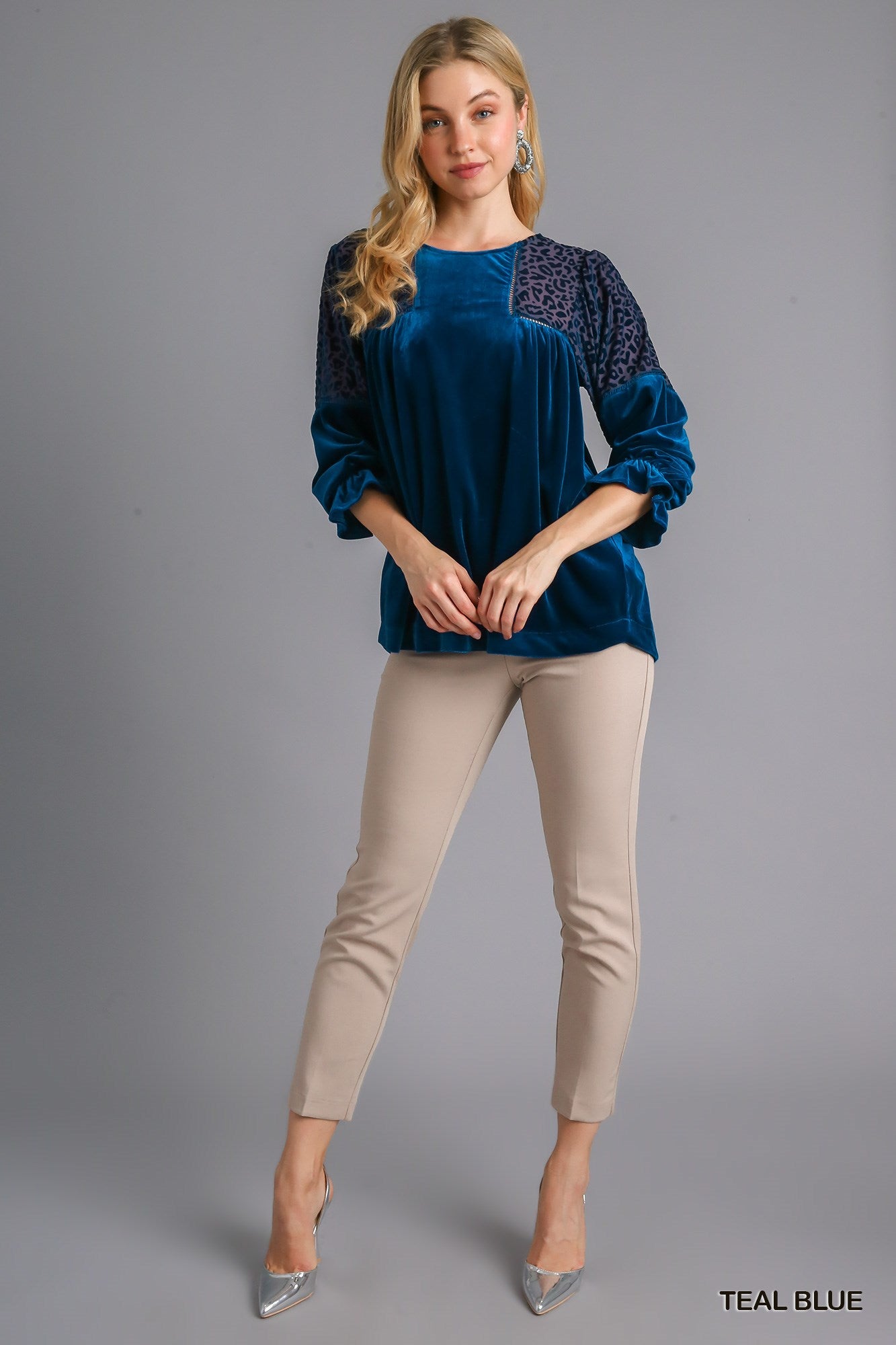 Umgee Three Quarter Sleeve Round Neck Animal Velvet Burnout Top