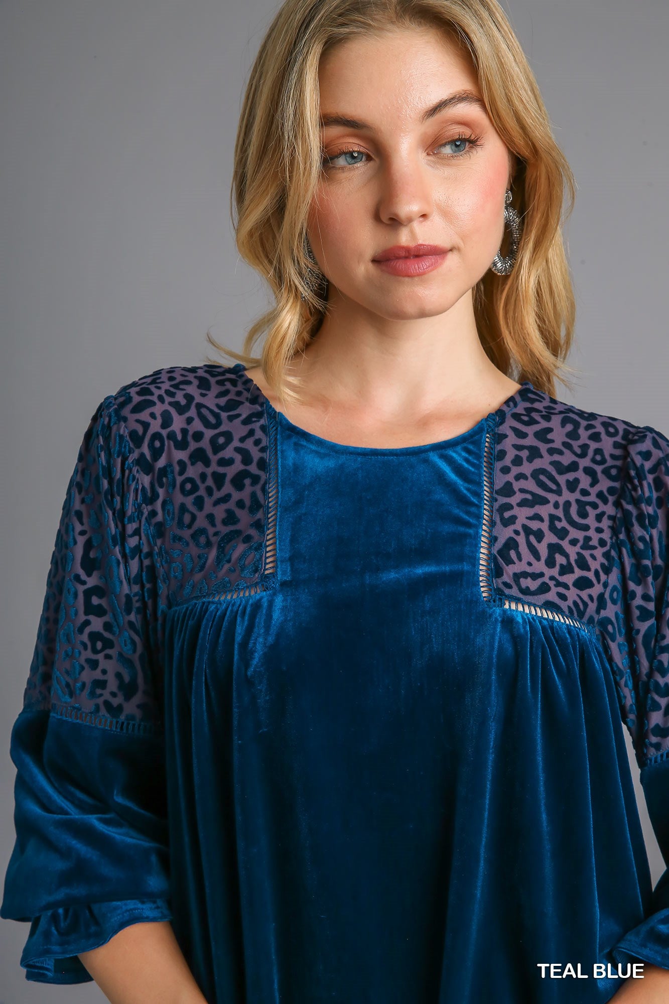 Umgee Three Quarter Sleeve Round Neck Animal Velvet Burnout Top