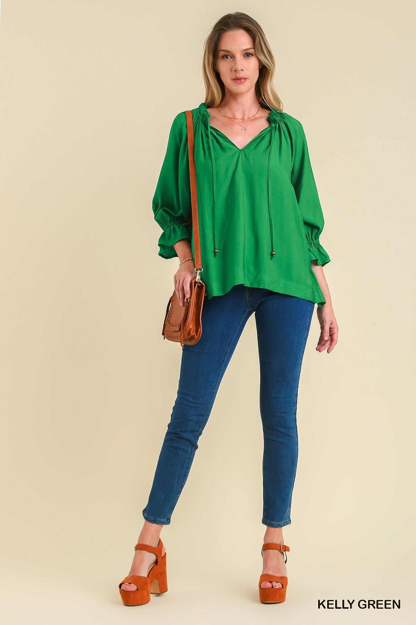 Umgee Ruffle V-Neck & Tassel Tie 3/4 Cuff Bell Sleeves Top - Roulhac Fashion Boutique