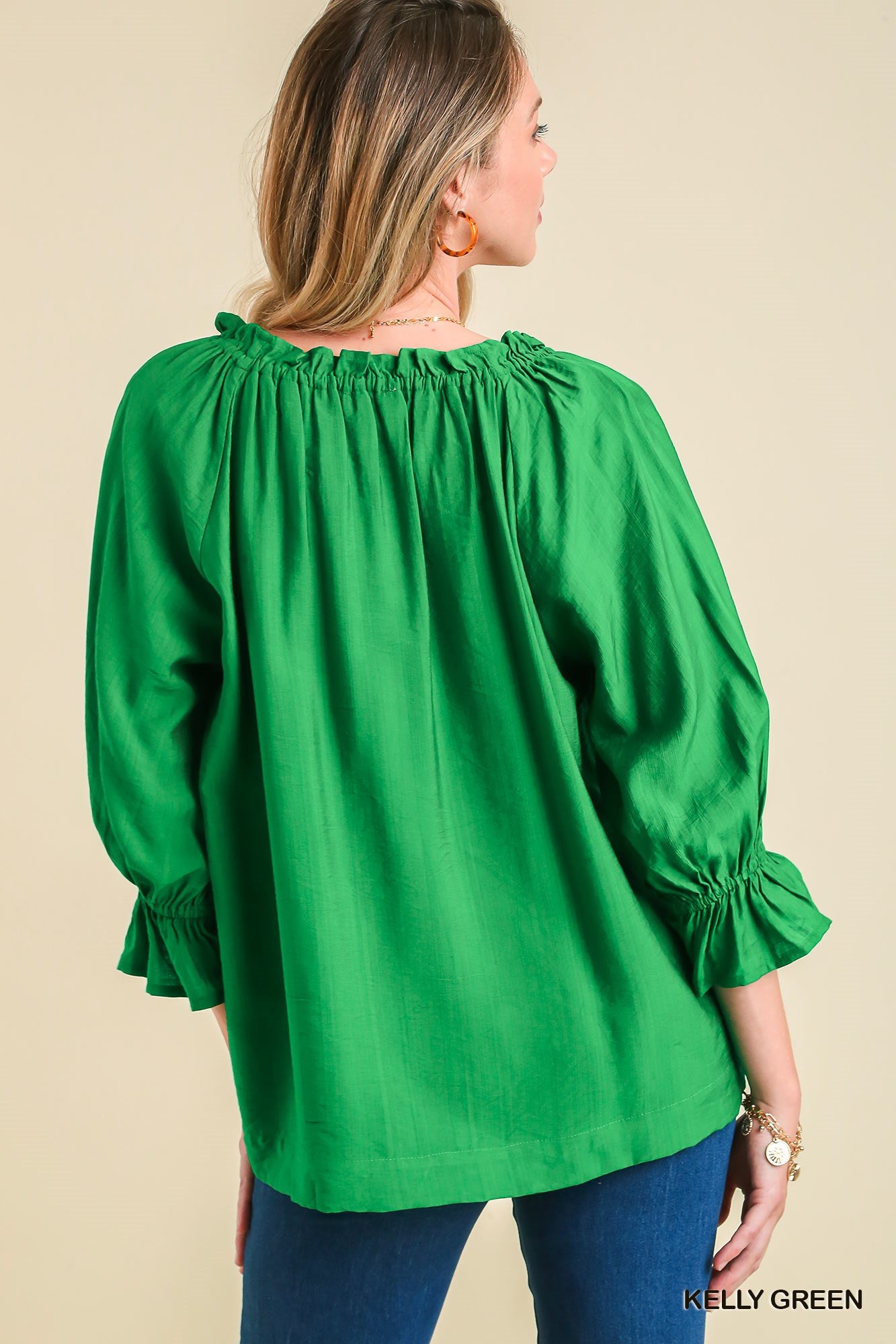 Umgee Ruffle V-Neck & Tassel Tie 3/4 Cuff Bell Sleeves Top