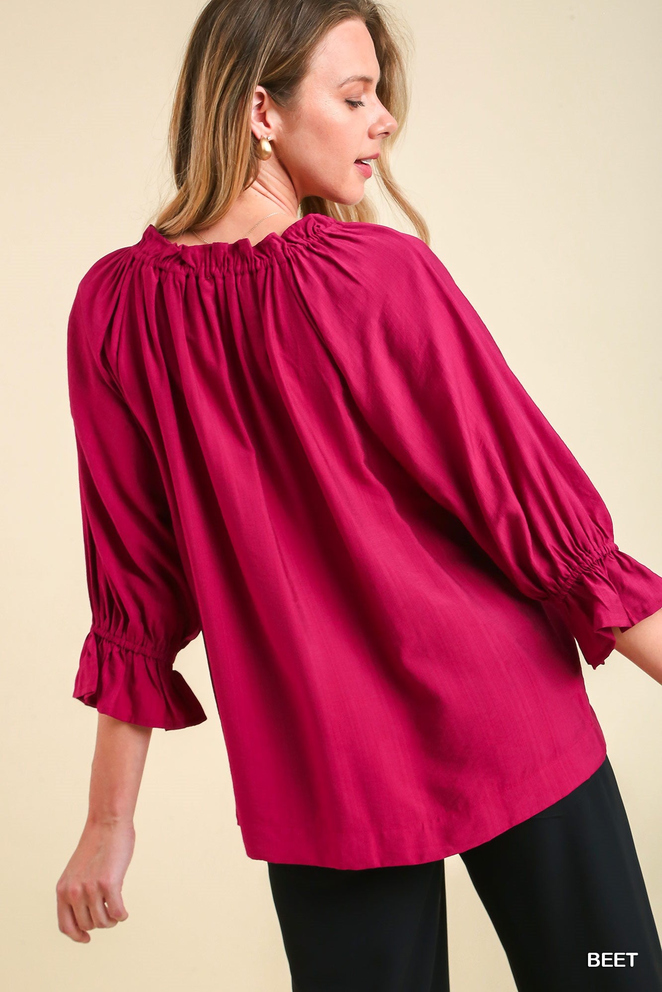 Umgee Ruffle V-Neck & Tassel Tie 3/4 Cuff Bell Sleeves Top - Roulhac Fashion Boutique