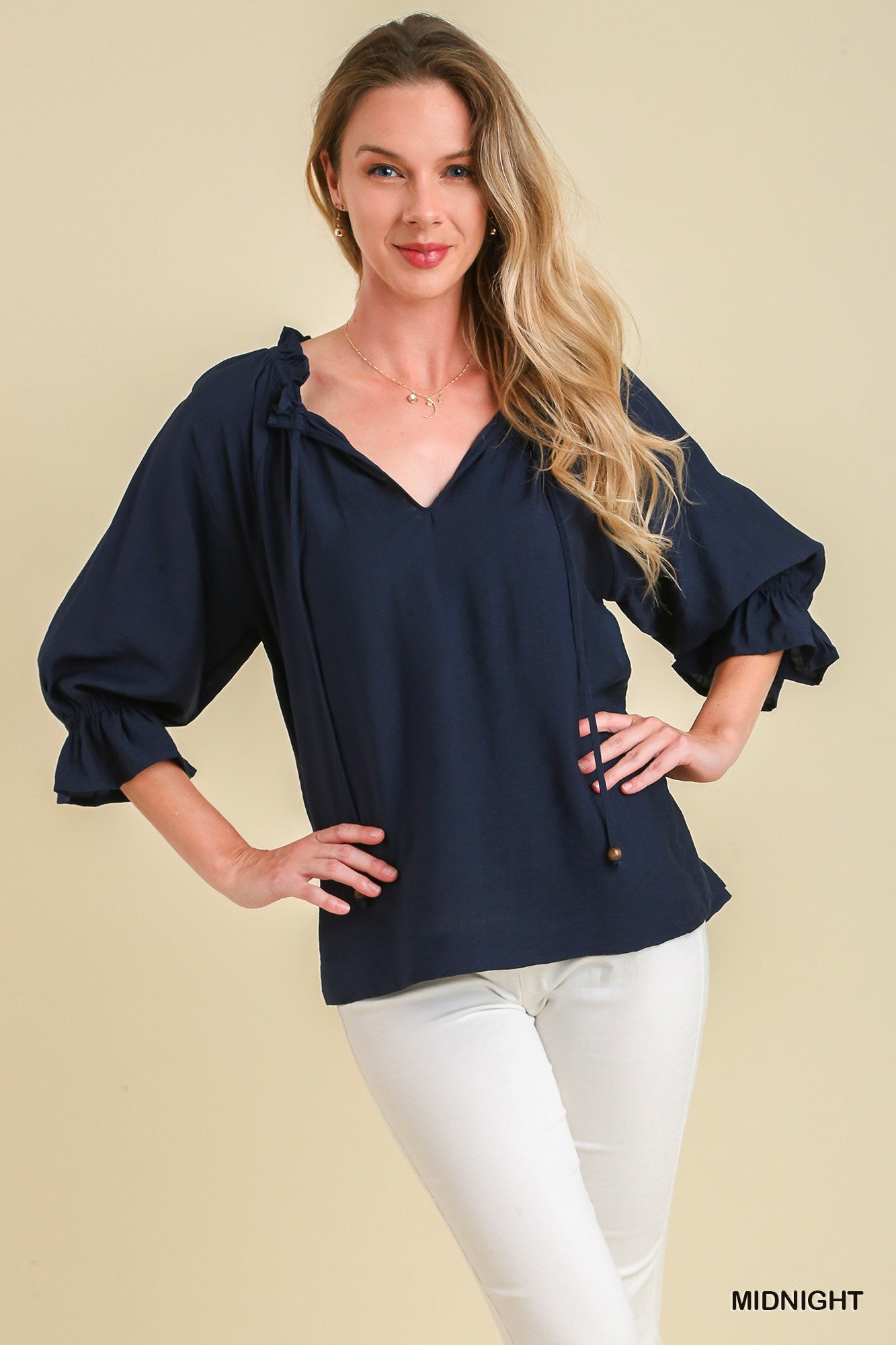 Umgee Ruffle V-Neck & Tassel Tie 3/4 Cuff Bell Sleeves Top