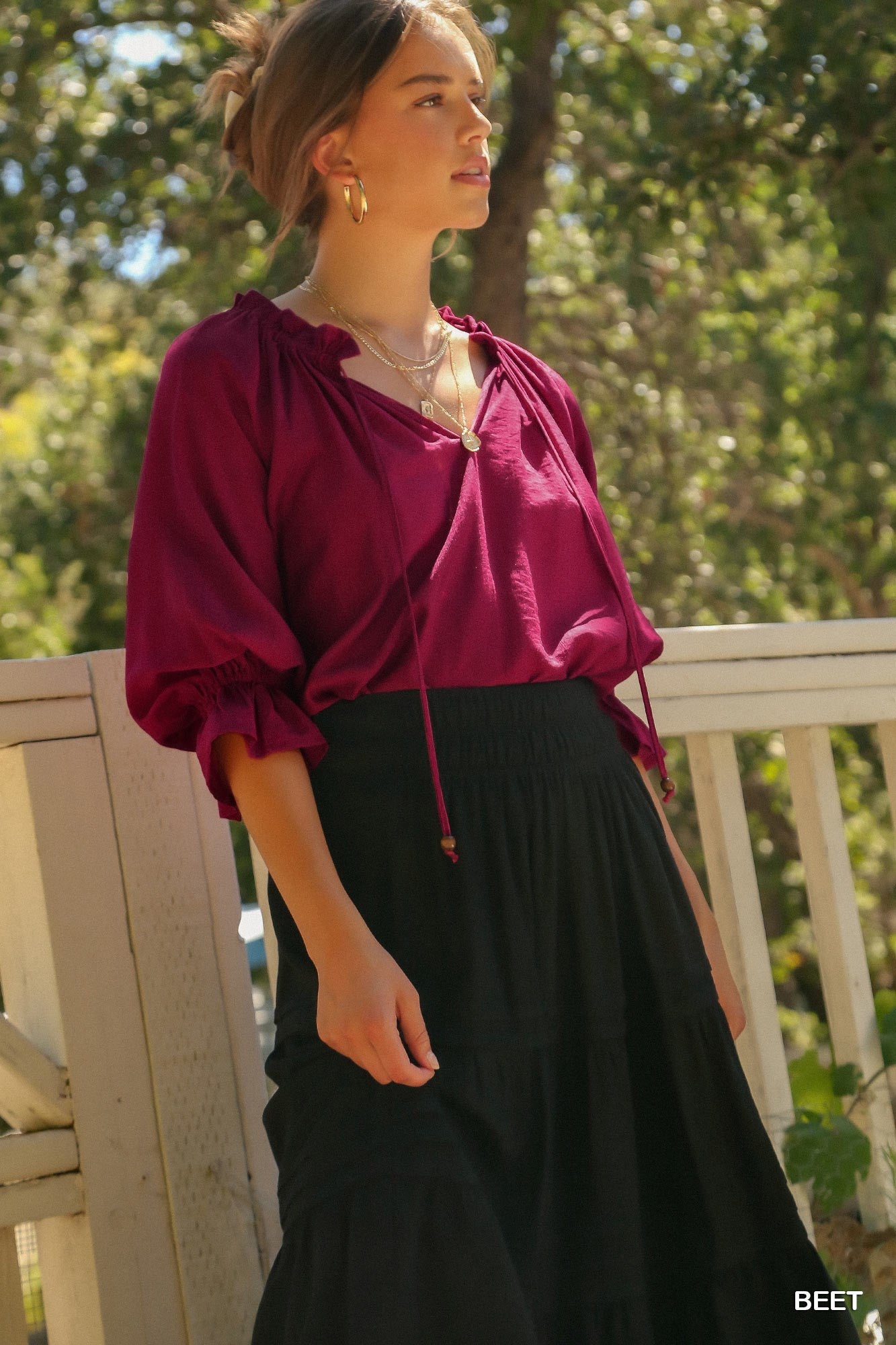 Umgee Ruffle V-Neck & Tassel Tie 3/4 Cuff Bell Sleeves Top