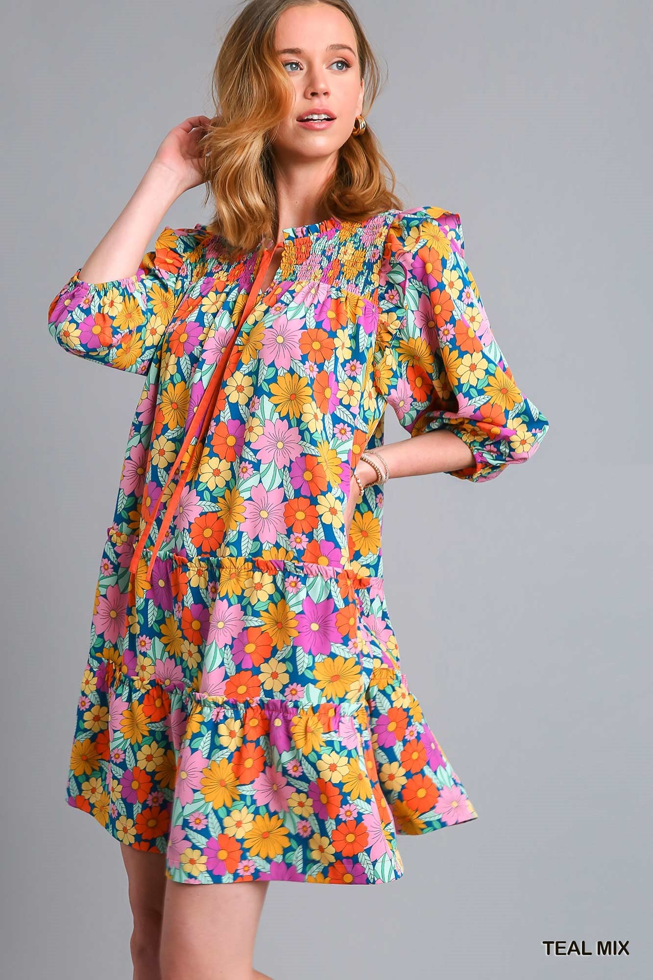 Umgee Mix Double Ruffle Flower Print Quarter Sleeve Tiered Mini Dress - Roulhac Fashion Boutique