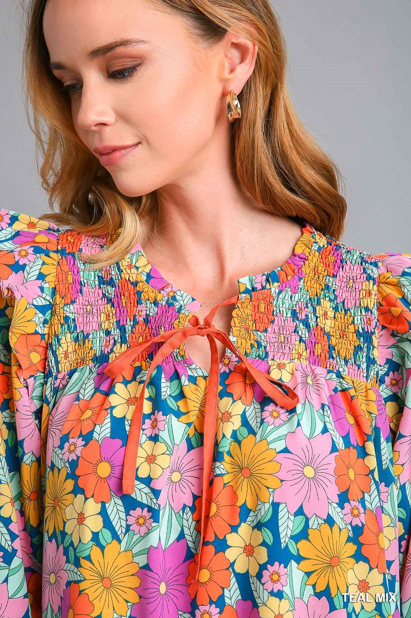 Umgee Mix Double Ruffle Flower Print Quarter Sleeve Tiered Mini Dress - Roulhac Fashion Boutique