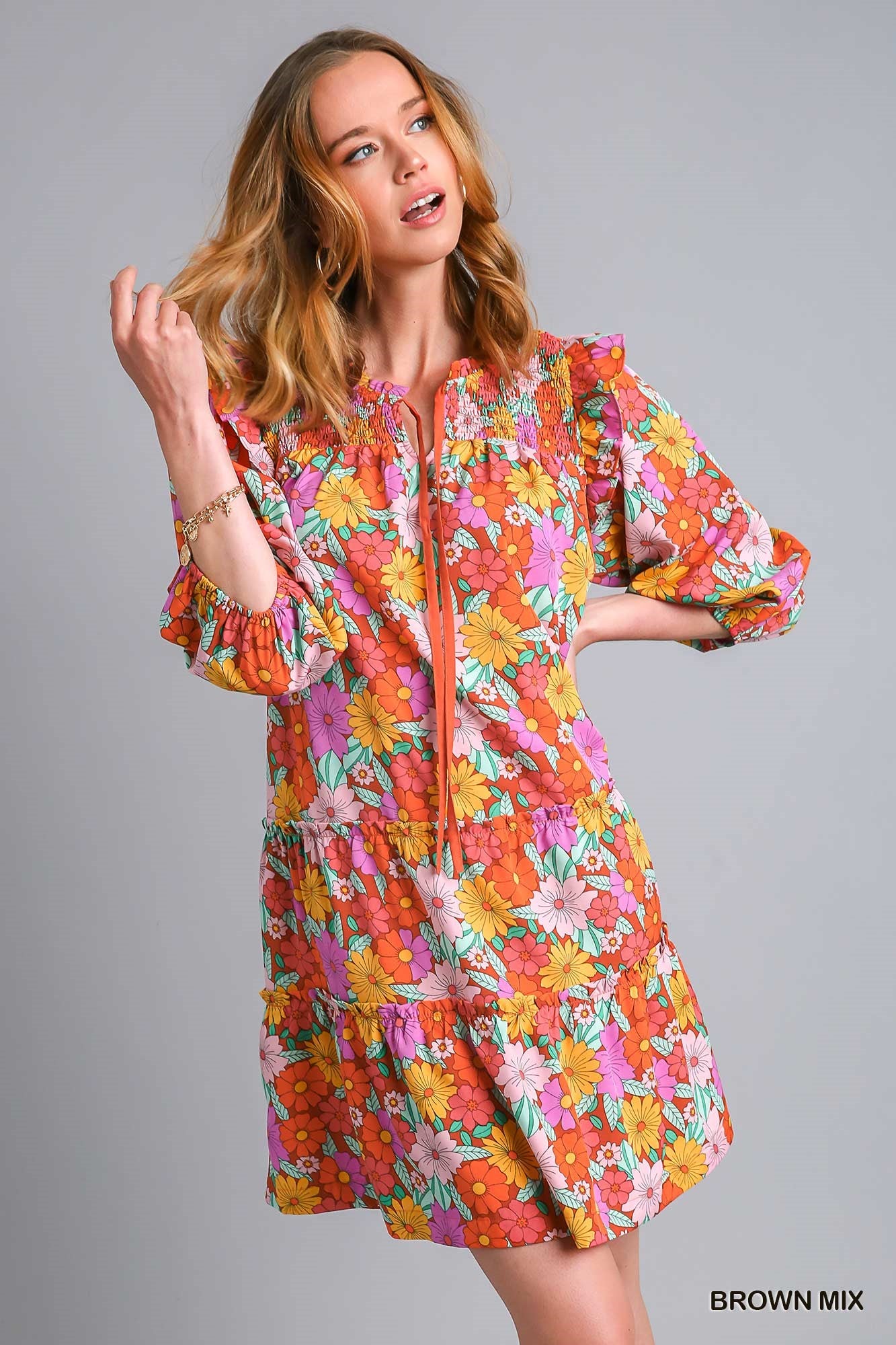 Umgee Mix Double Ruffle Flower Print Quarter Sleeve Tiered Mini Dress