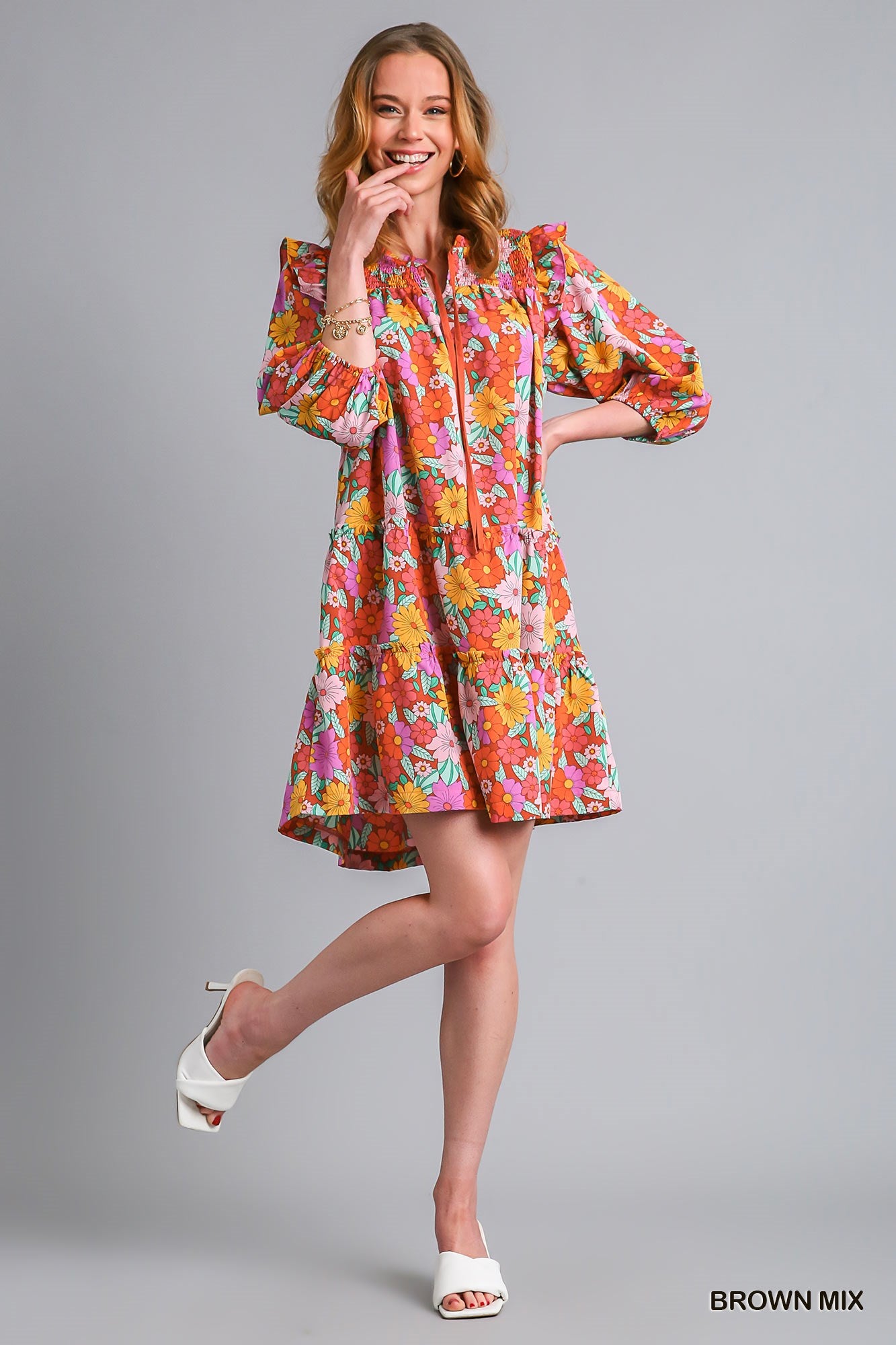 Umgee Mix Double Ruffle Flower Print Quarter Sleeve Tiered Mini Dress