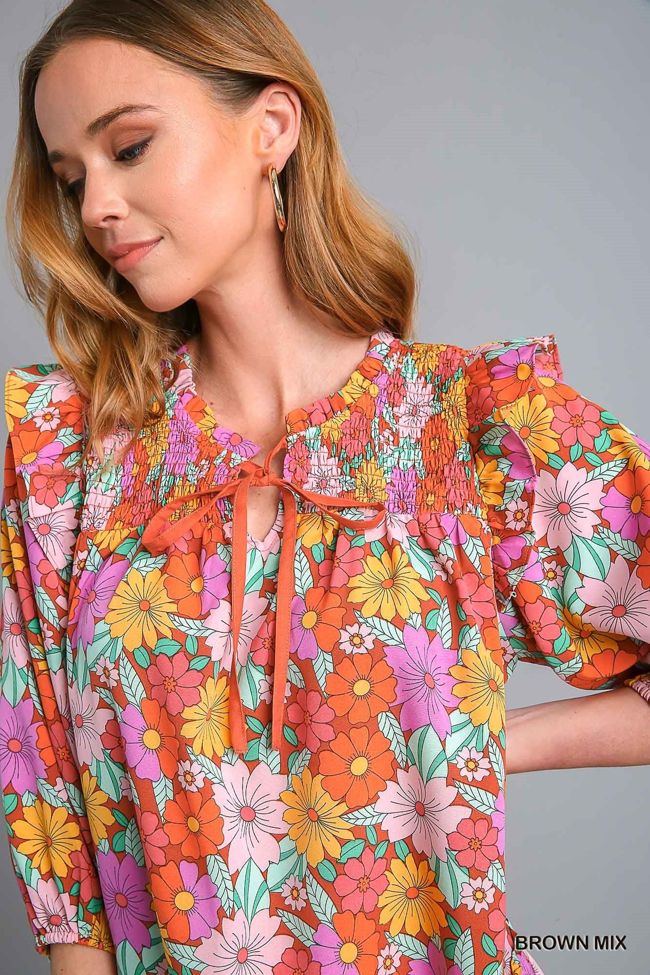 Umgee Mix Double Ruffle Flower Print Quarter Sleeve Tiered Mini Dress