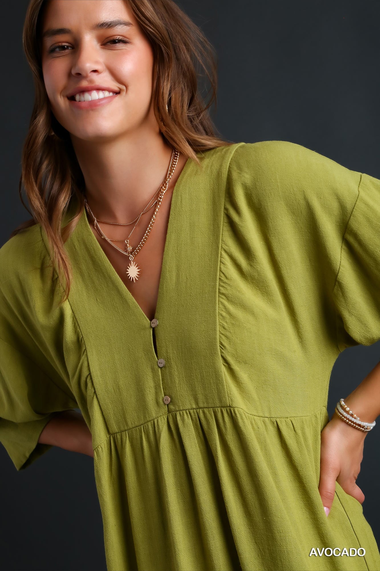 Umgee Linen V-Neck Button Details Maxi Dress