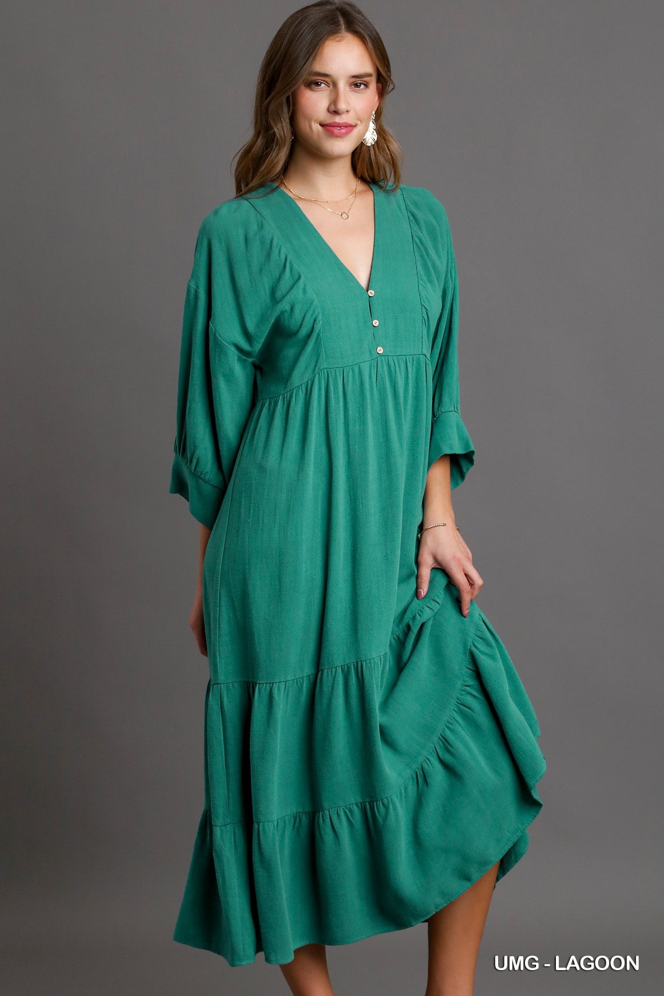 Umgee Linen V-Neck Button Details Maxi Dress - Roulhac Fashion Boutique