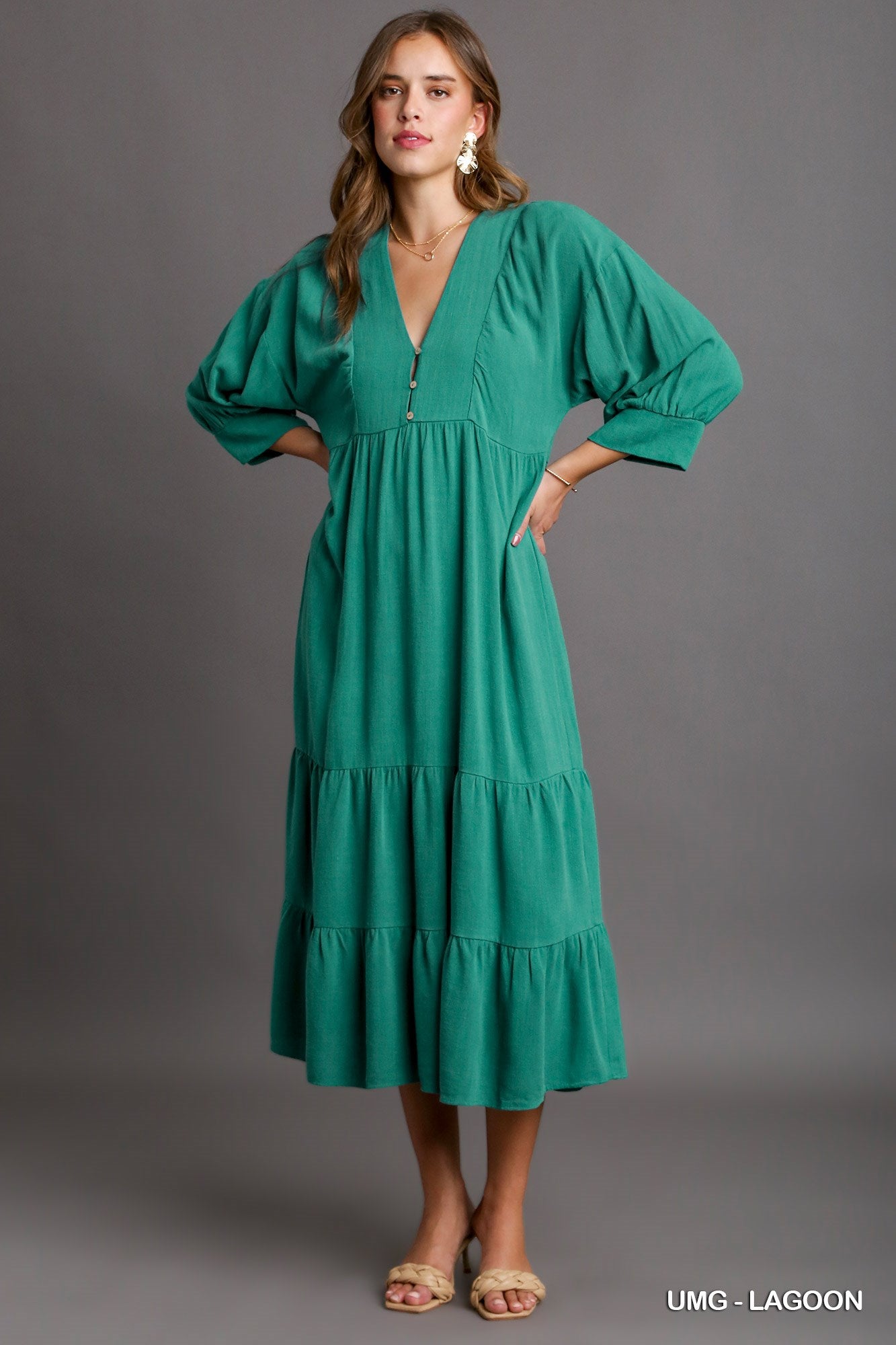 Umgee Linen V-Neck Button Details Maxi Dress - Roulhac Fashion Boutique
