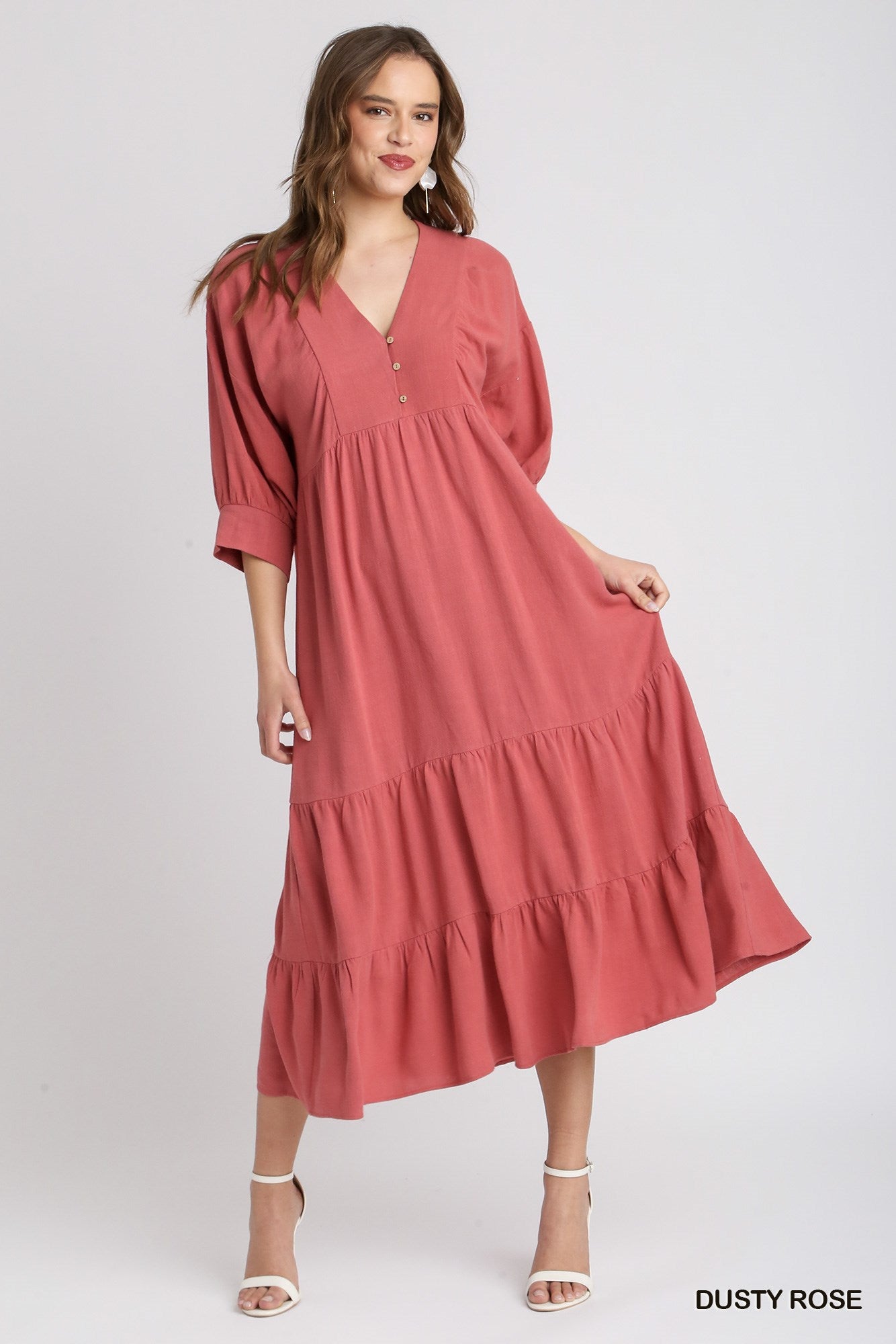 Umgee Linen V-Neck Button Details Maxi Dress - Roulhac Fashion Boutique