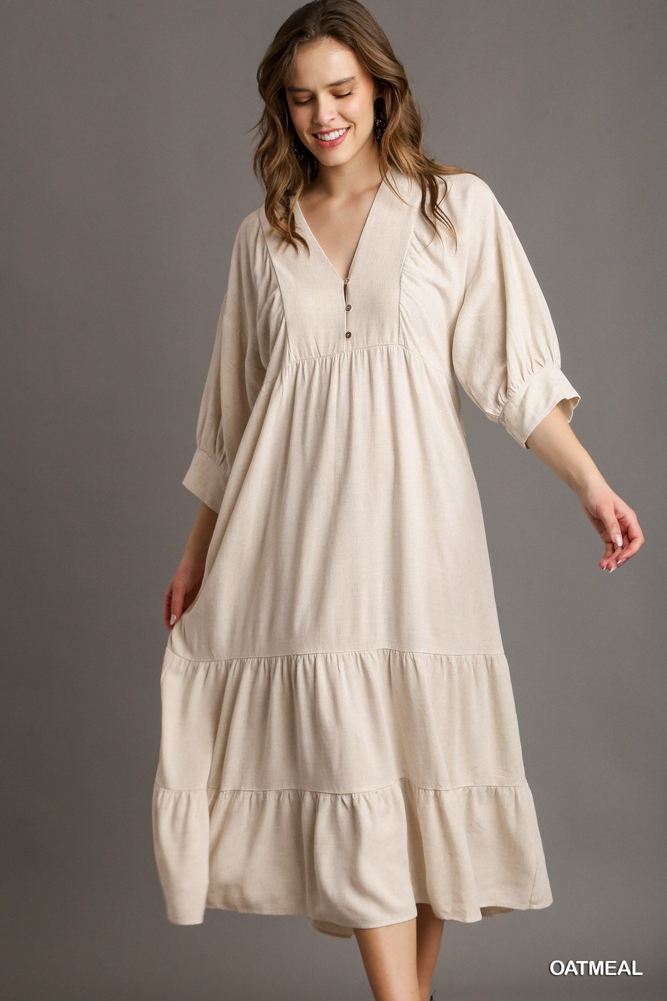 Umgee Linen V-Neck Button Details Maxi Dress