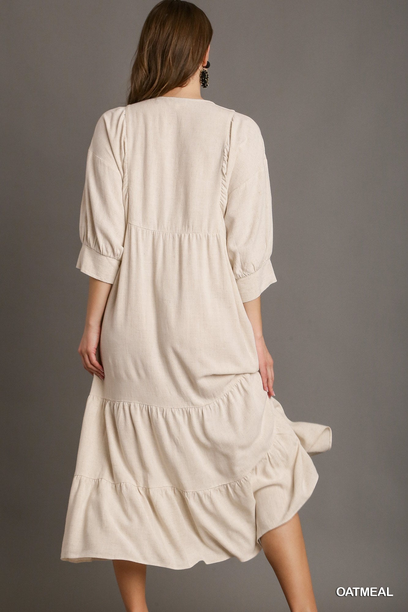 Umgee Linen V-Neck Button Details Maxi Dress