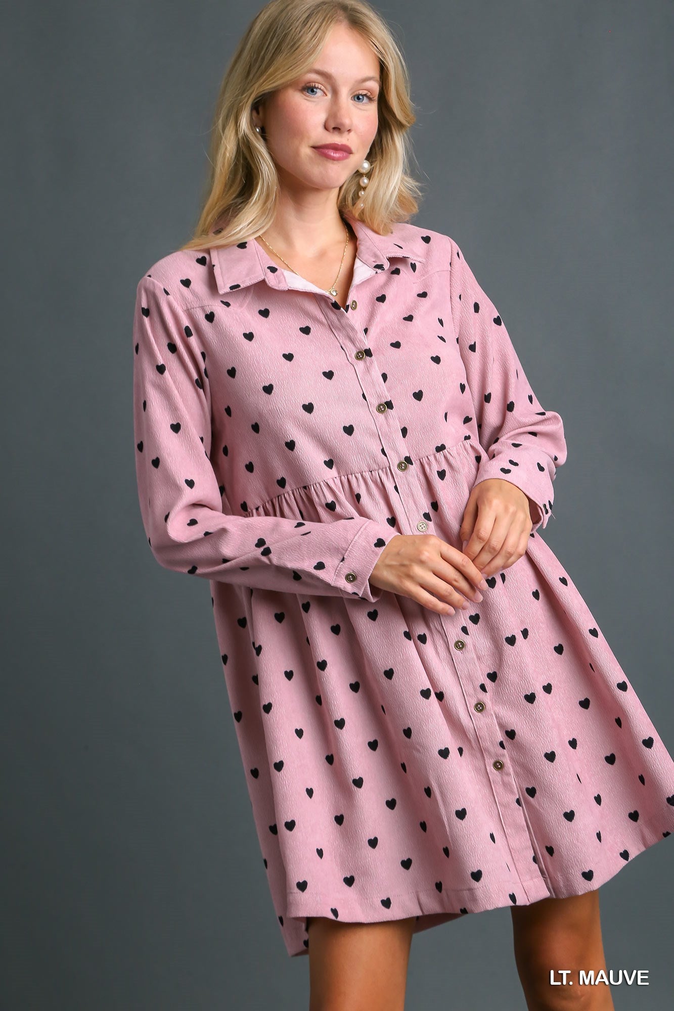 Umgee Heart Corduroy Print Collar Button Up Dress - Roulhac Fashion Boutique