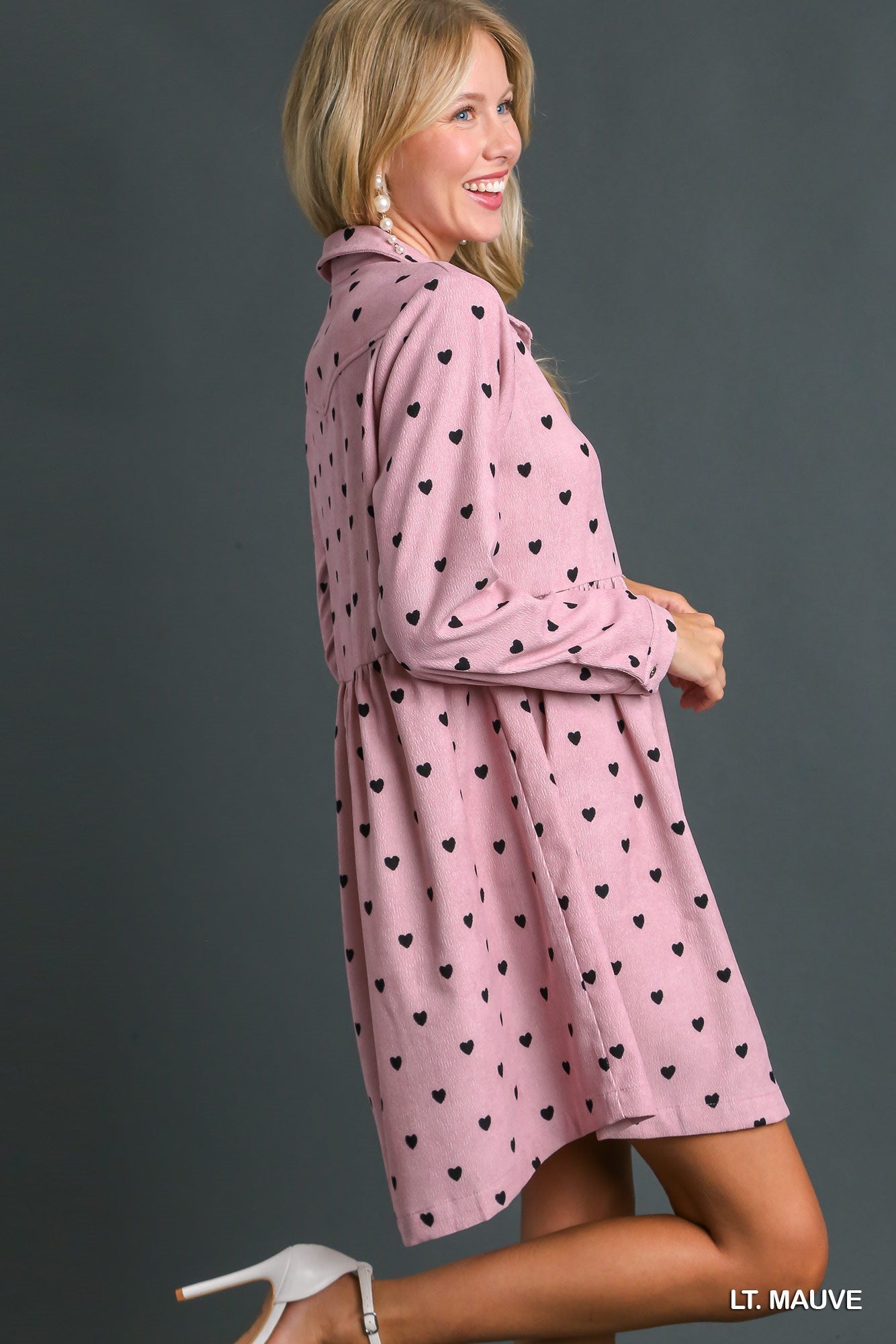 Umgee Heart Corduroy Print Collar Button Up Dress - Roulhac Fashion Boutique