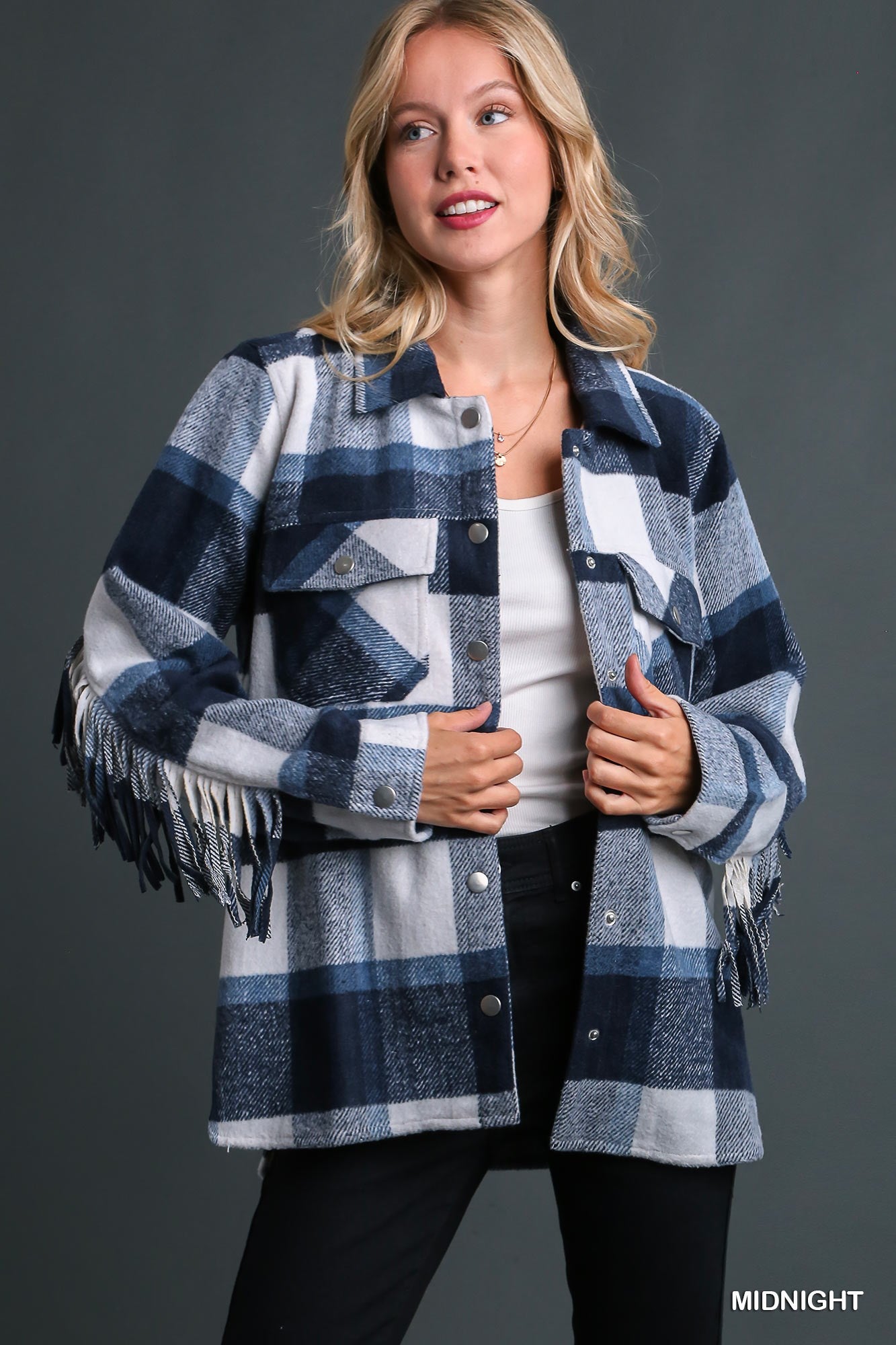 Umgee Contrast Plaid Chest Pockets & Fringe Sleeve Jacket - Roulhac Fashion Boutique