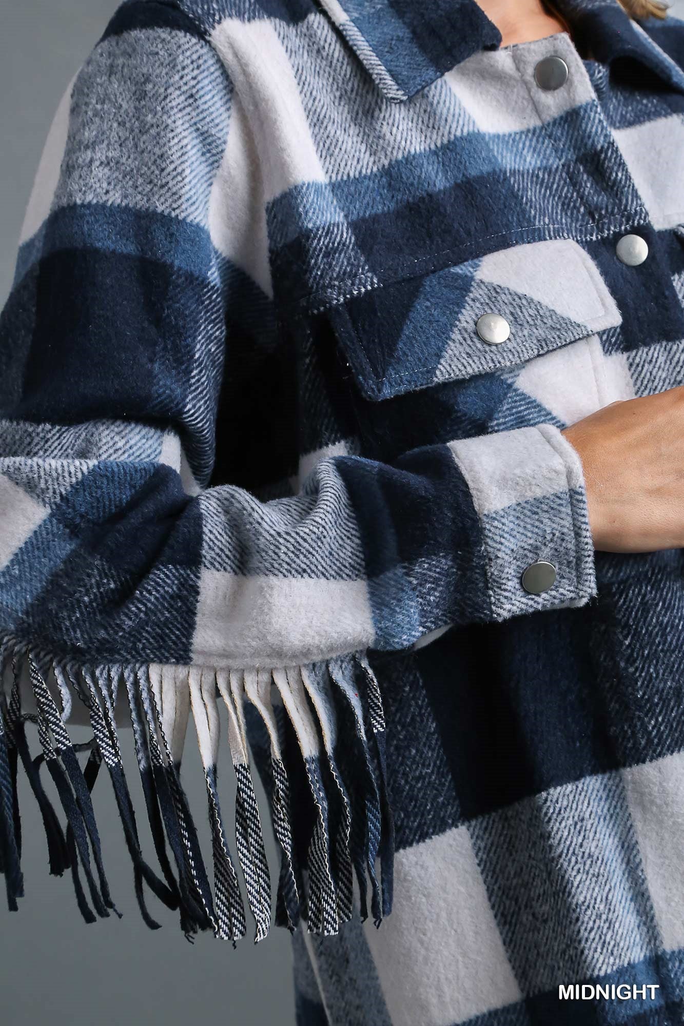 Umgee Contrast Plaid Chest Pockets & Fringe Sleeve Jacket