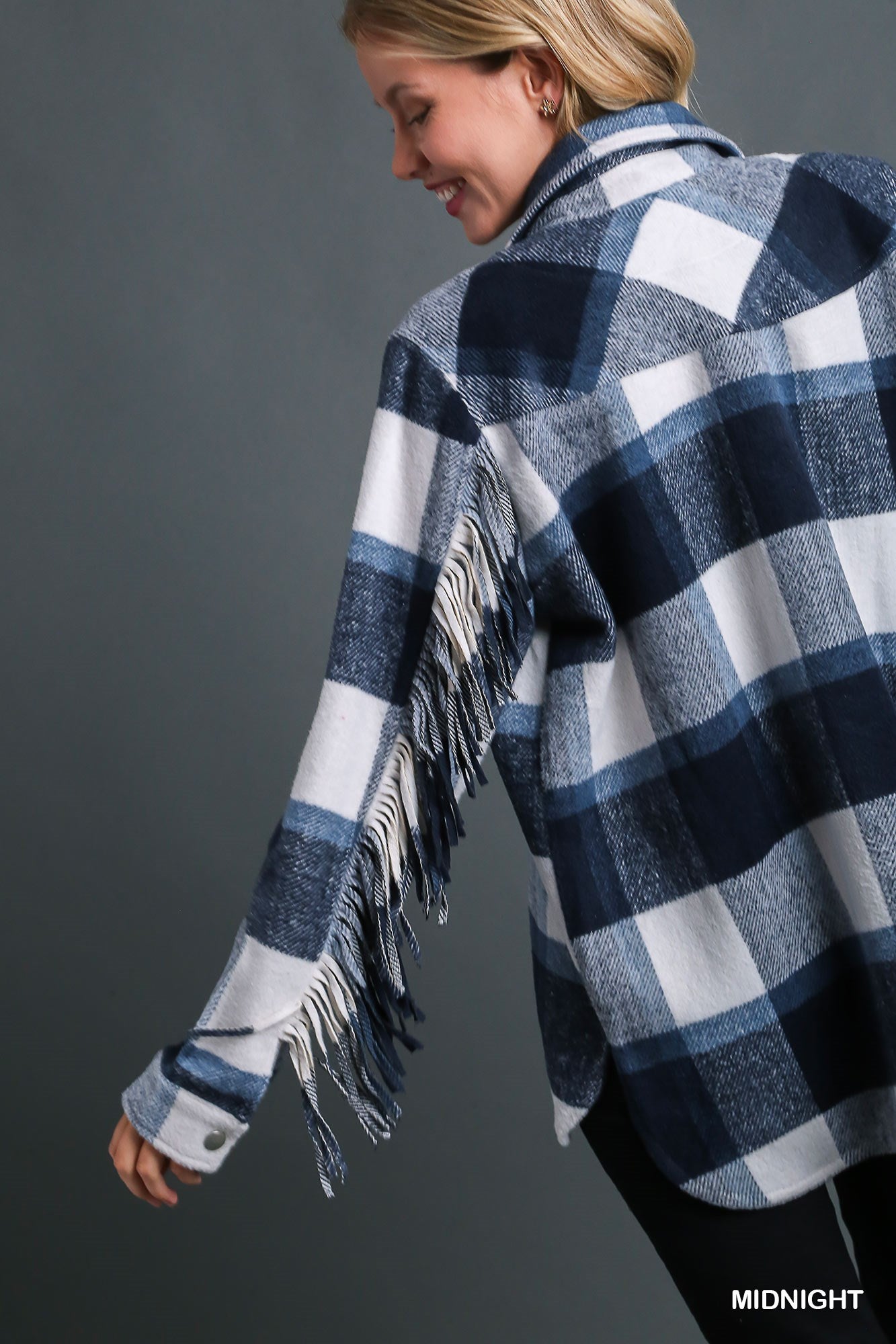 Umgee Contrast Plaid Chest Pockets & Fringe Sleeve Jacket - Roulhac Fashion Boutique