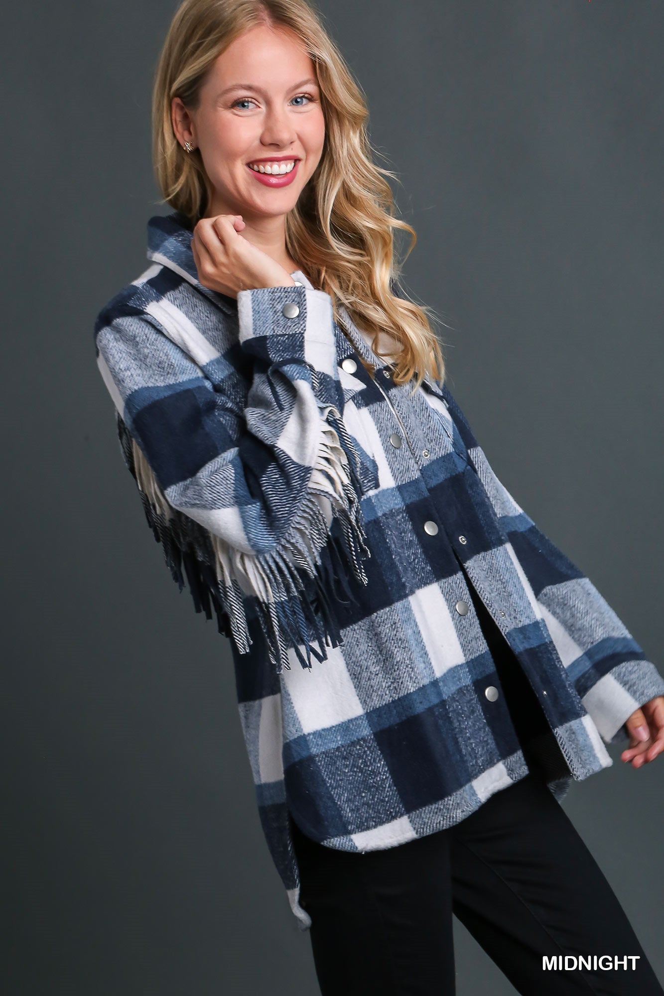 Umgee Contrast Plaid Chest Pockets & Fringe Sleeve Jacket