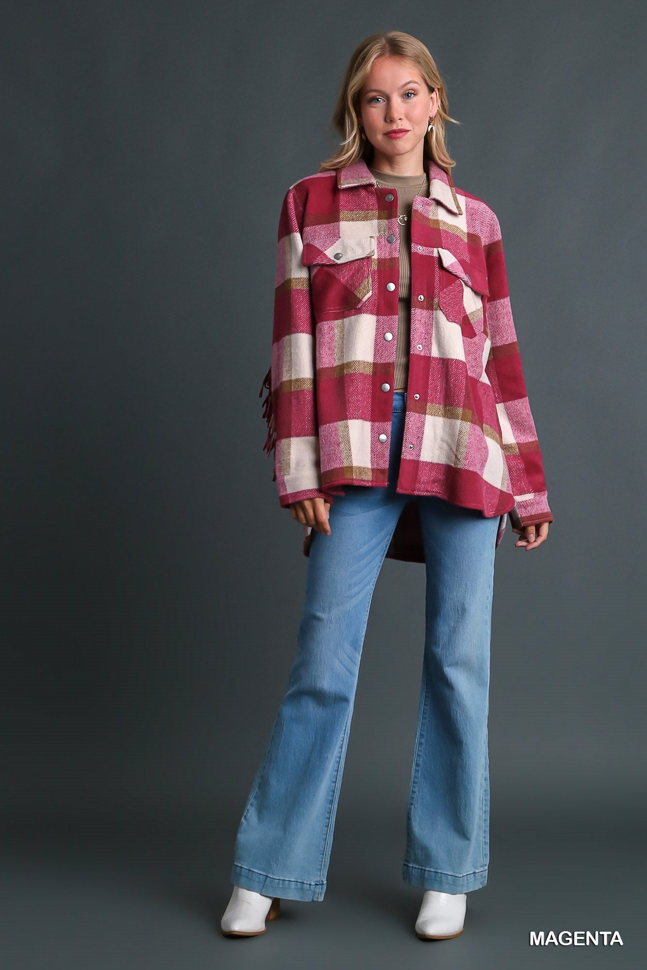 Umgee Contrast Plaid Chest Pockets & Fringe Sleeve Jacket - Roulhac Fashion Boutique