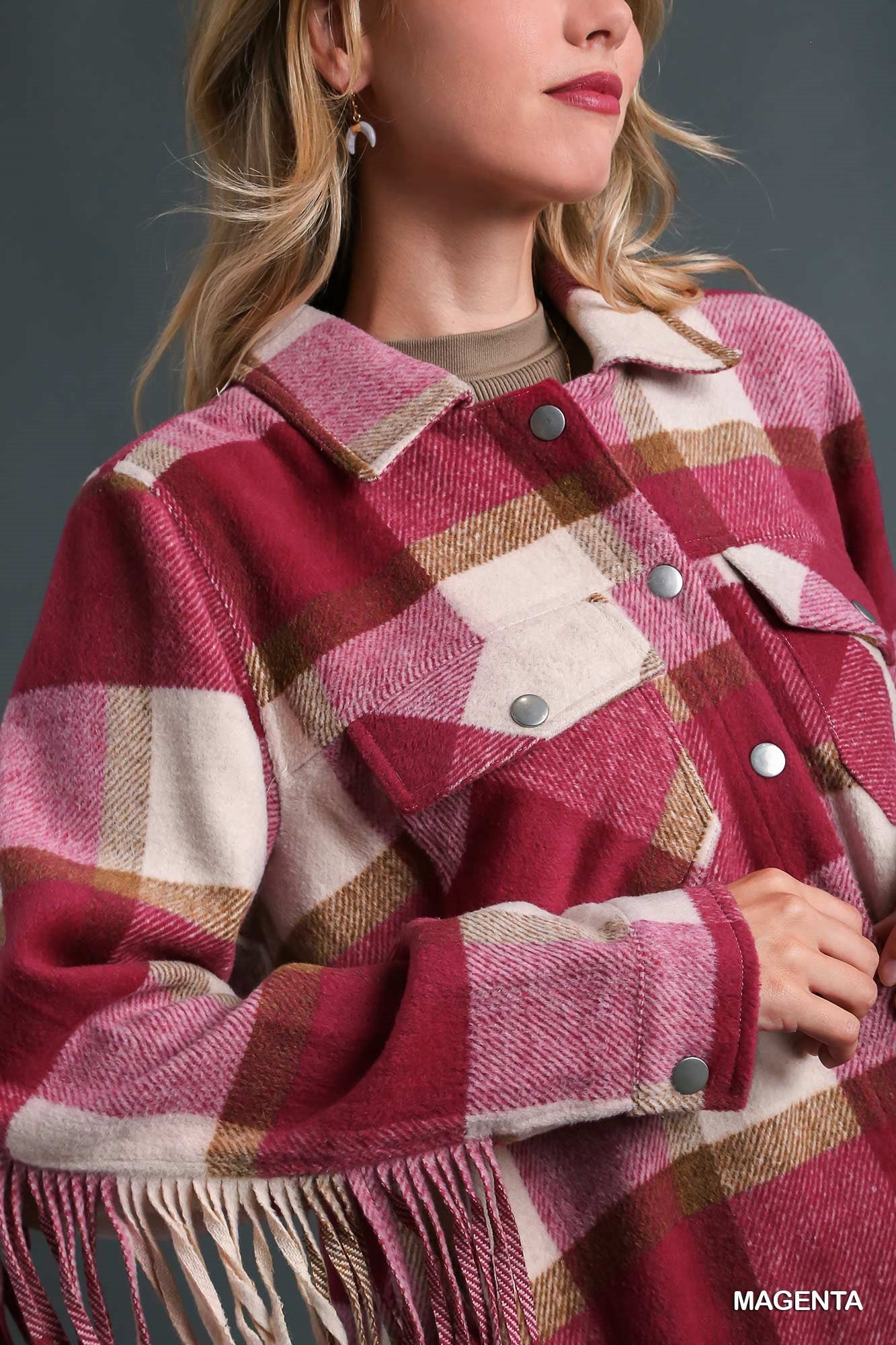 Umgee Contrast Plaid Chest Pockets & Fringe Sleeve Jacket - Roulhac Fashion Boutique