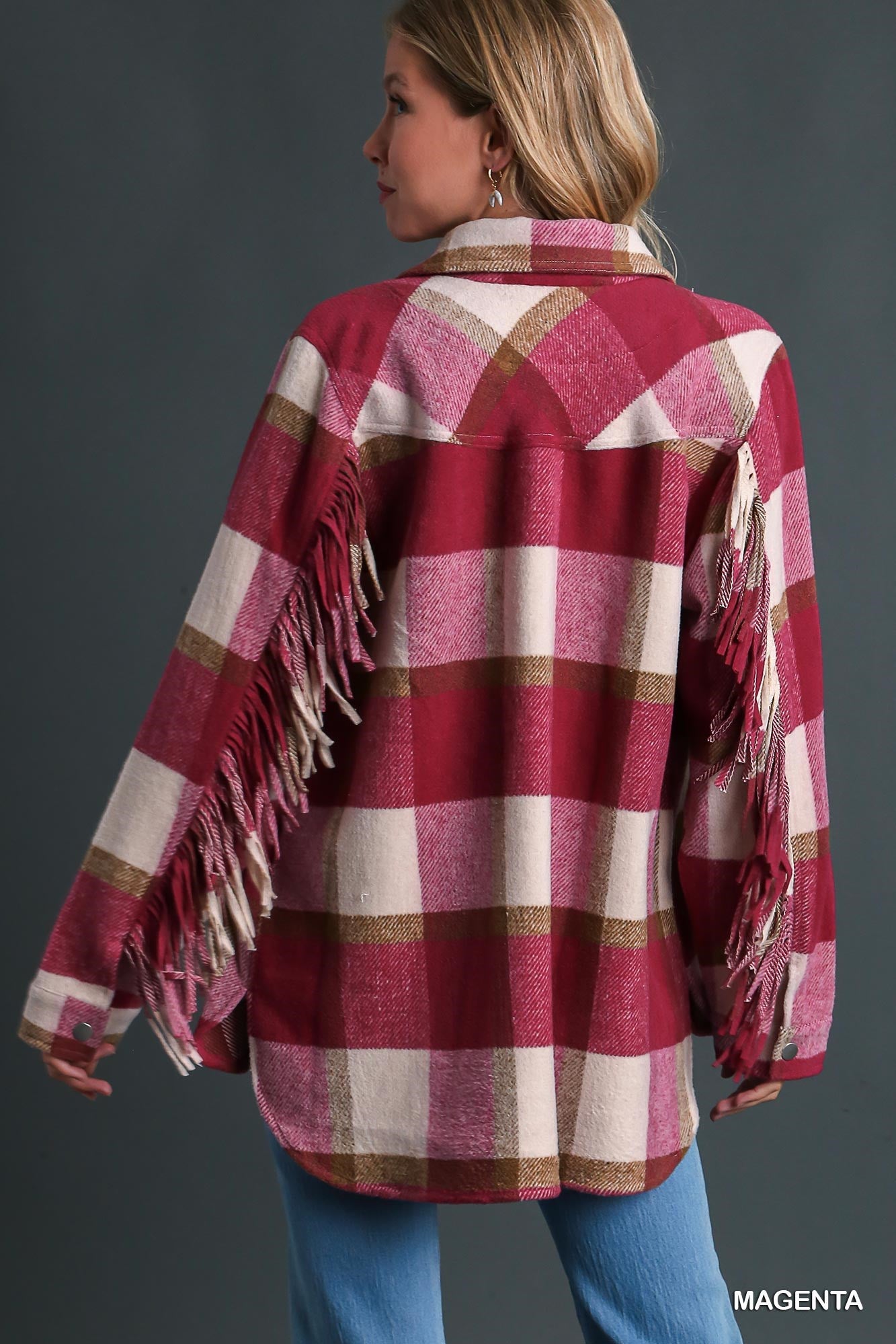 Umgee Contrast Plaid Chest Pockets & Fringe Sleeve Jacket - Roulhac Fashion Boutique