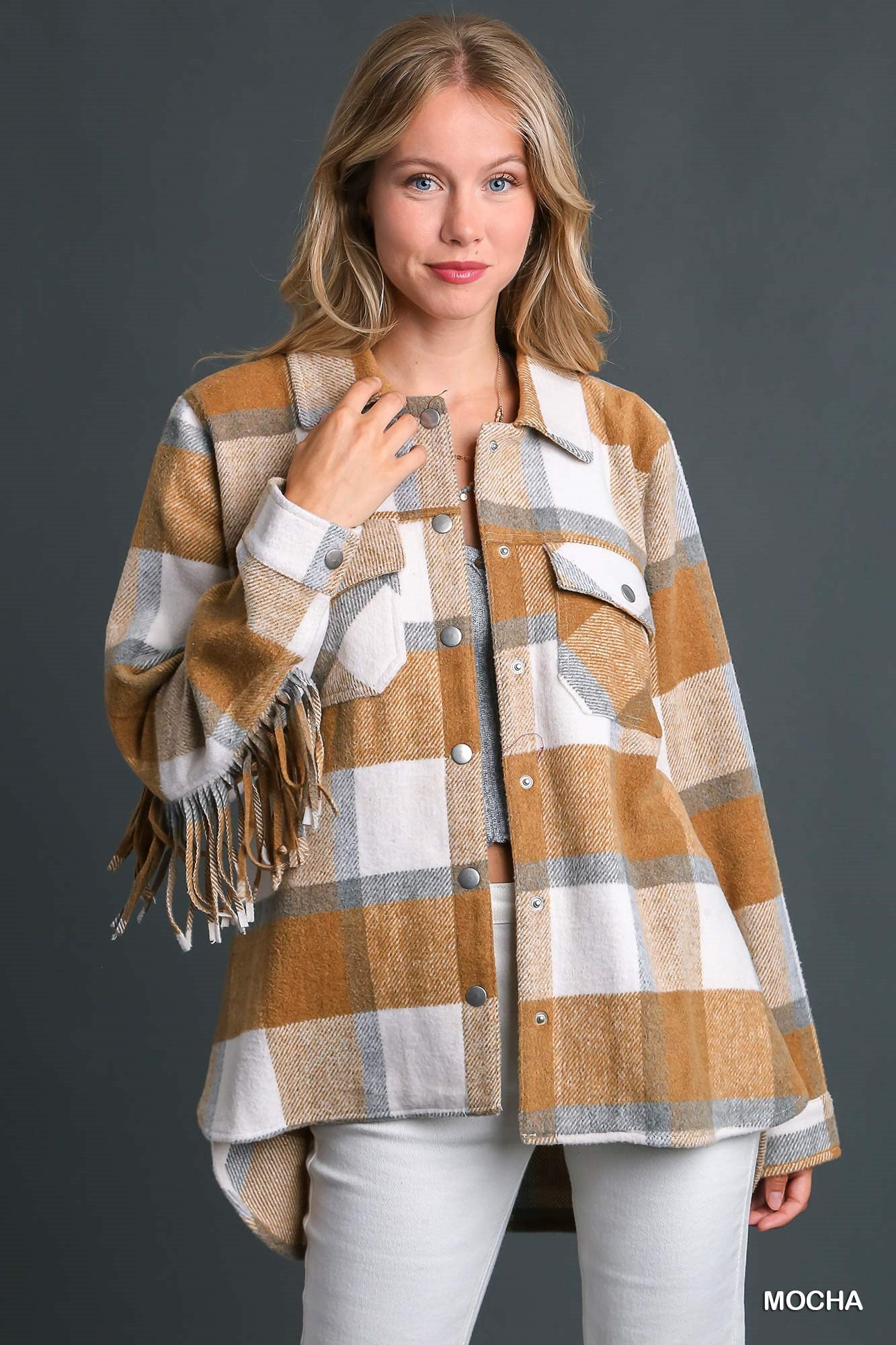 Umgee Contrast Plaid Chest Pockets & Fringe Sleeve Jacket