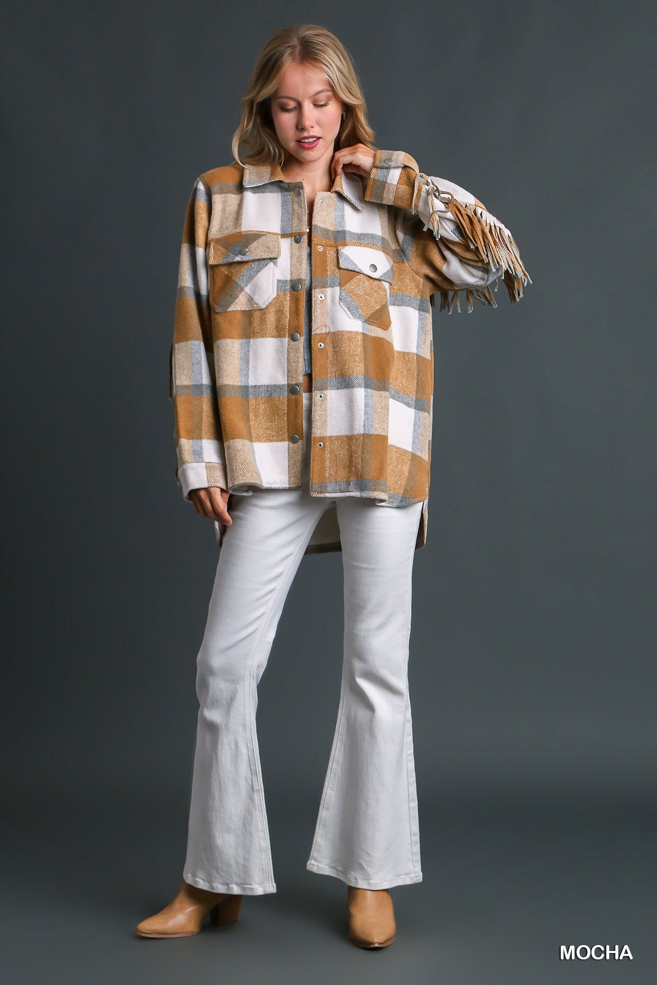 Umgee Contrast Plaid Chest Pockets & Fringe Sleeve Jacket