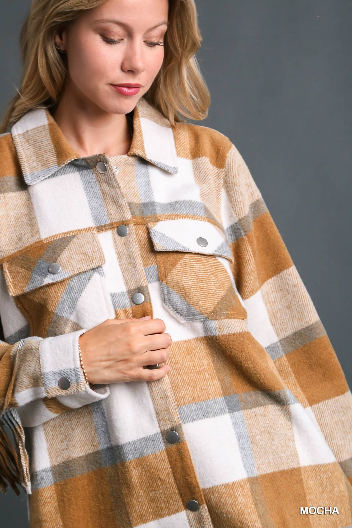 Umgee Contrast Plaid Chest Pockets & Fringe Sleeve Jacket